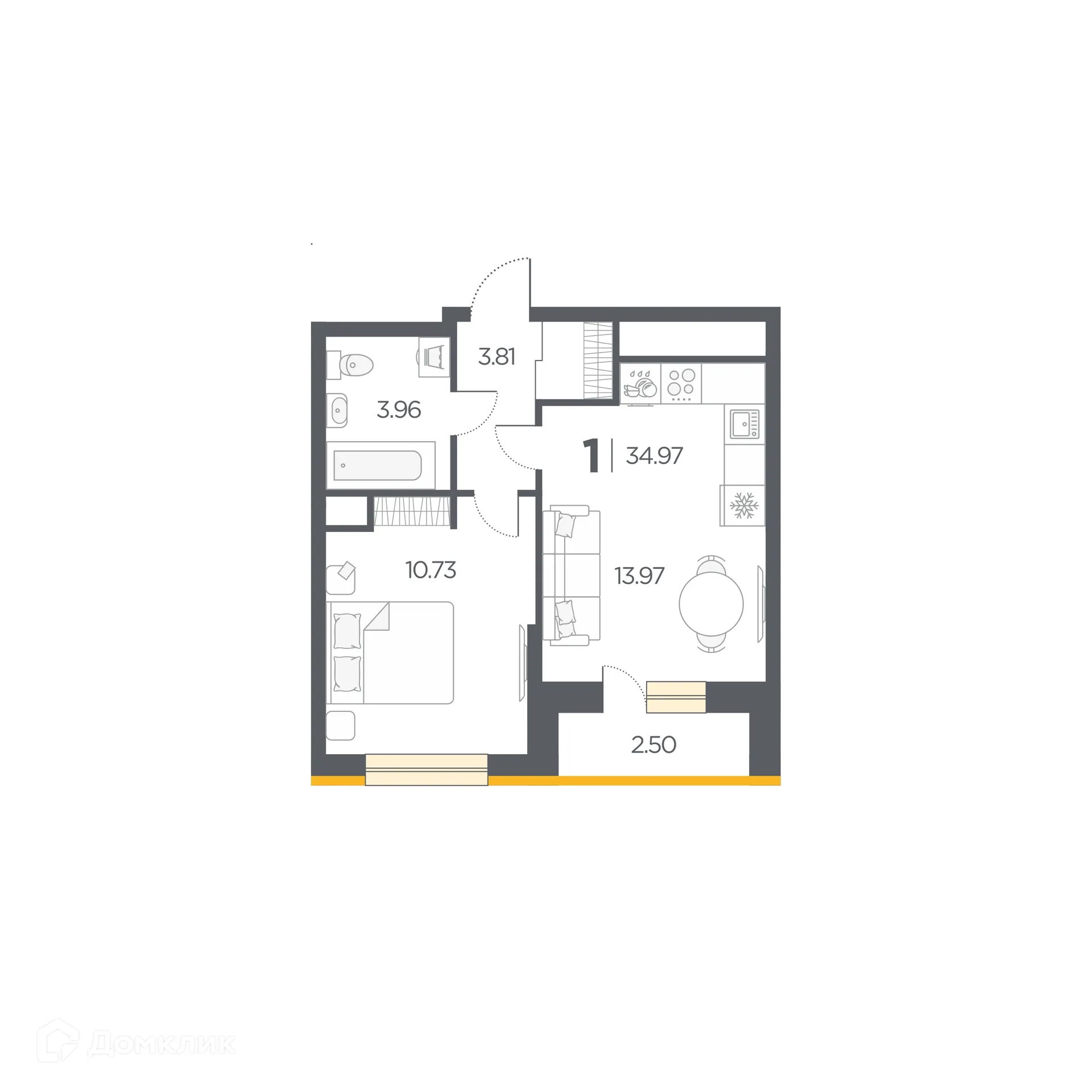 Планировка 1-комнатной квартиры 34.97 м² в Новые Горизонты, г. Дядьково — фото 1