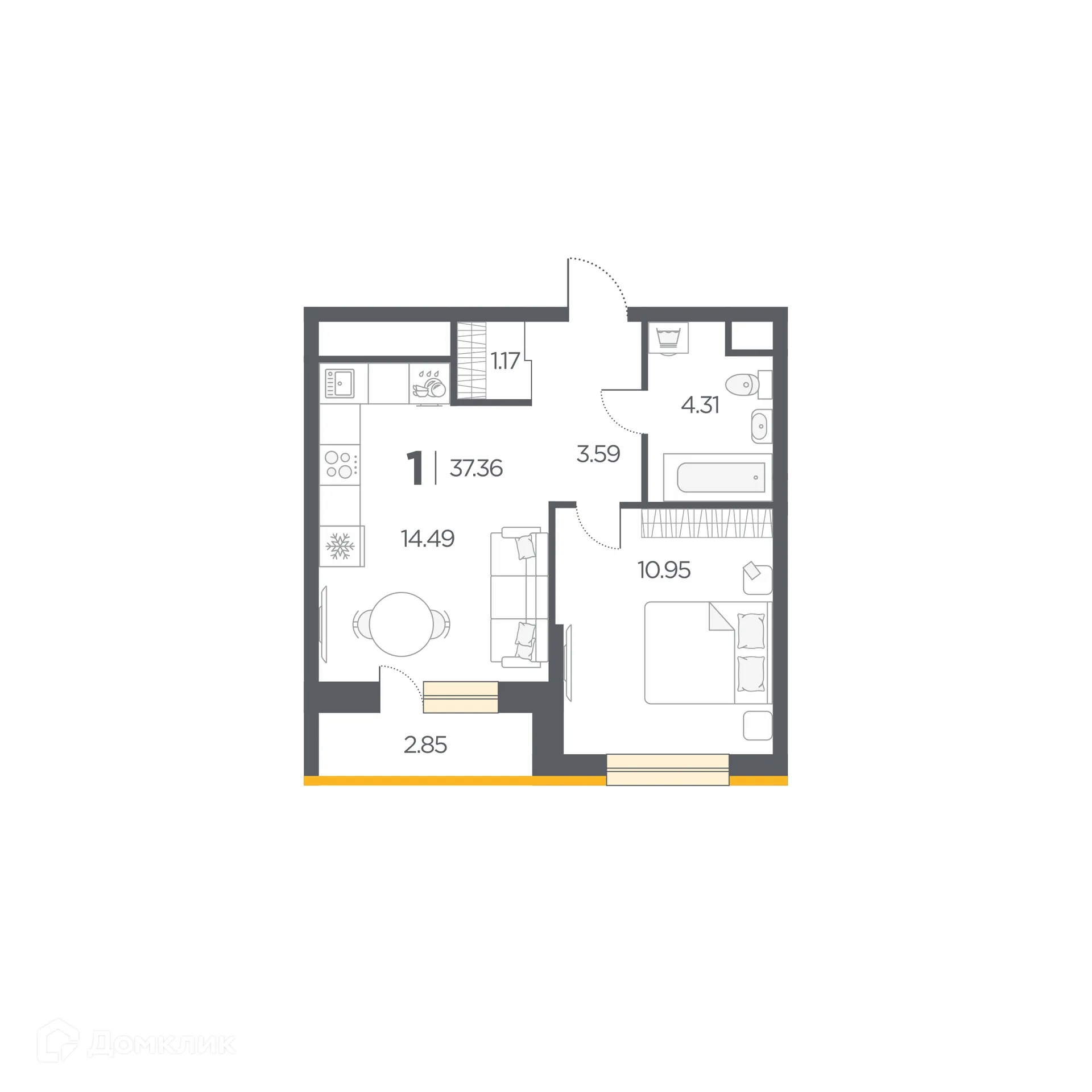 Планировка 1-комнатной квартиры 37.36 м² в Новые Горизонты, г. Дядьково — фото 1