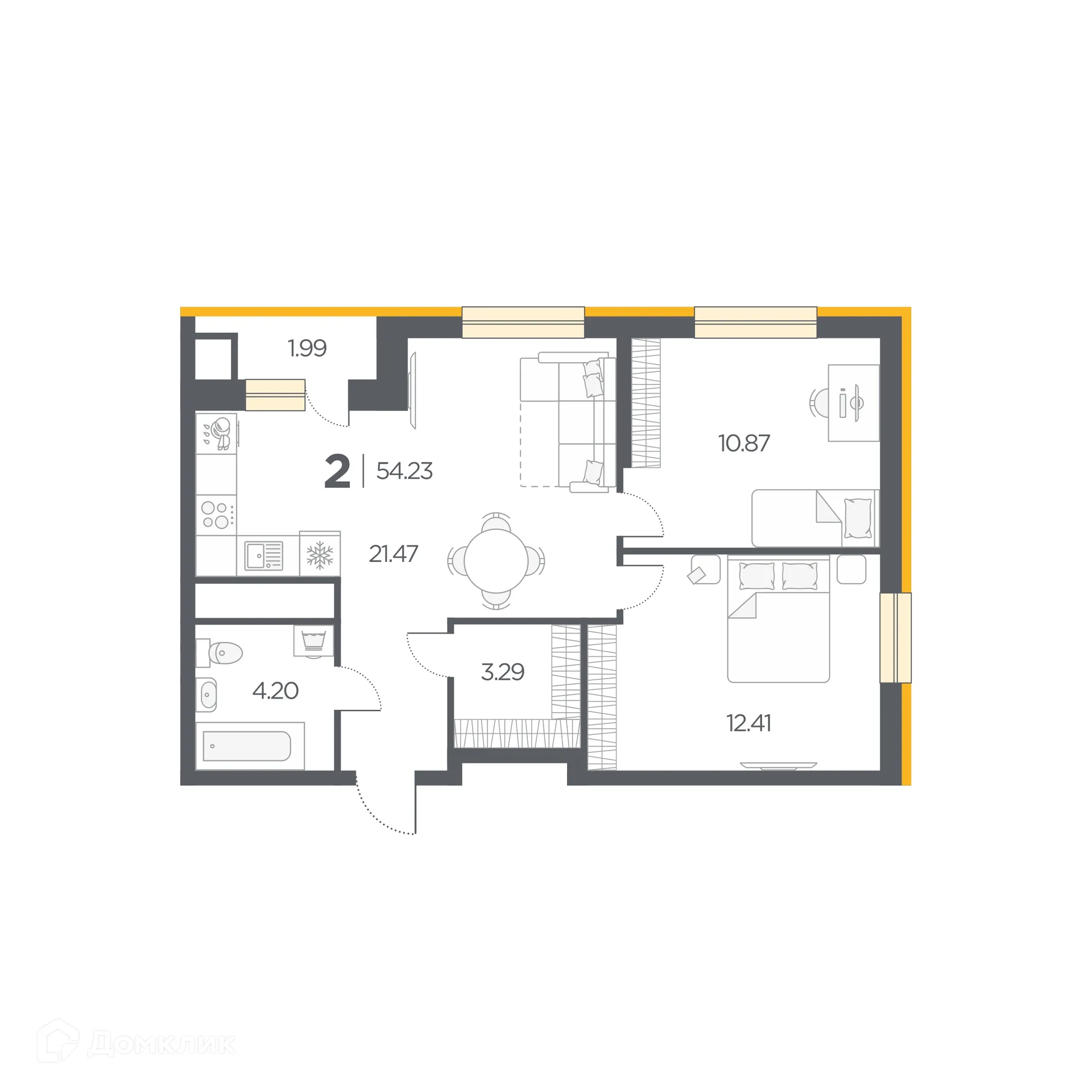 Планировка 2-комнатной квартиры 54.23 м² в Новые Горизонты, г. Дядьково — фото 1