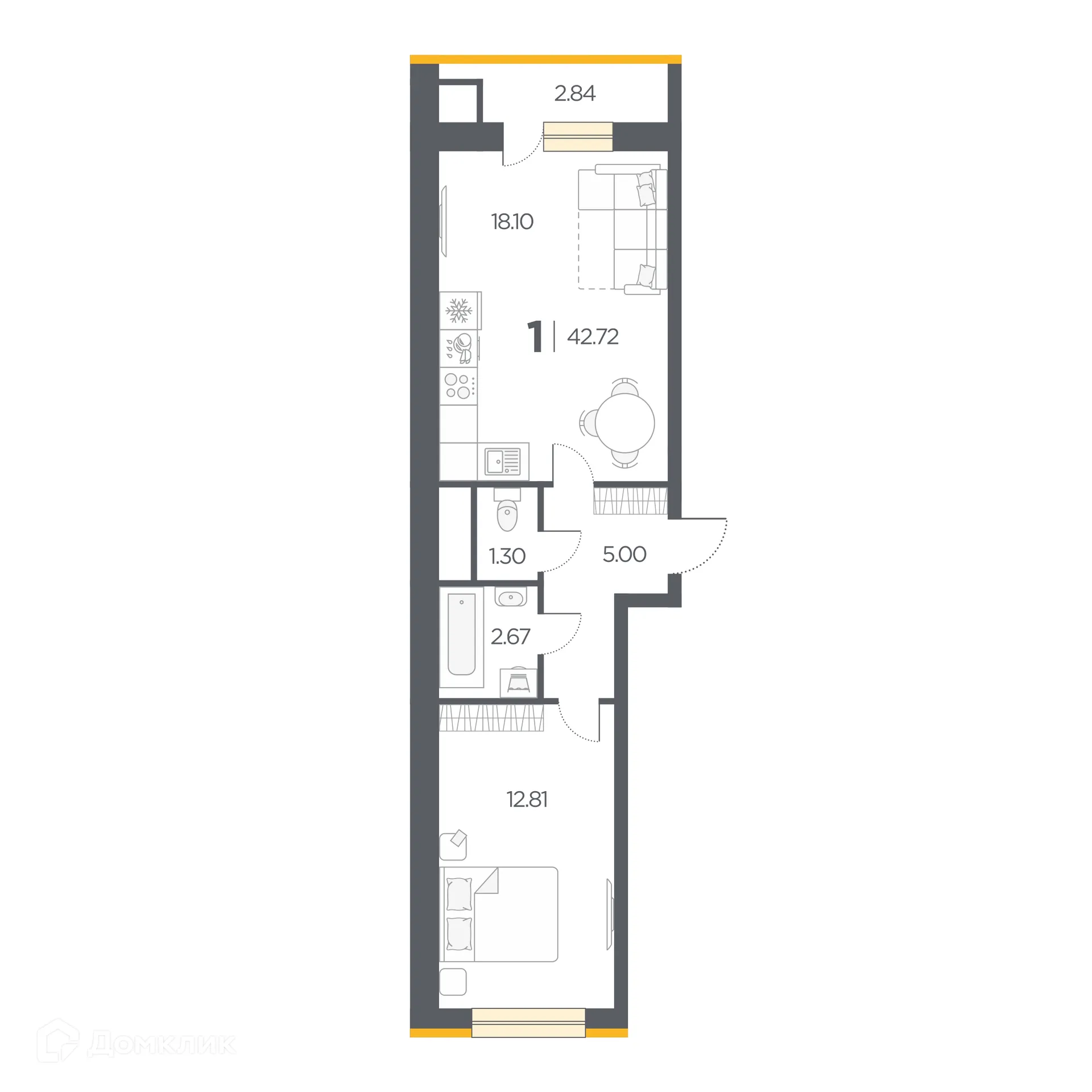 Планировка 1-комнатной квартиры 42.72 м² в Новые Горизонты, г. Дядьково — фото 1