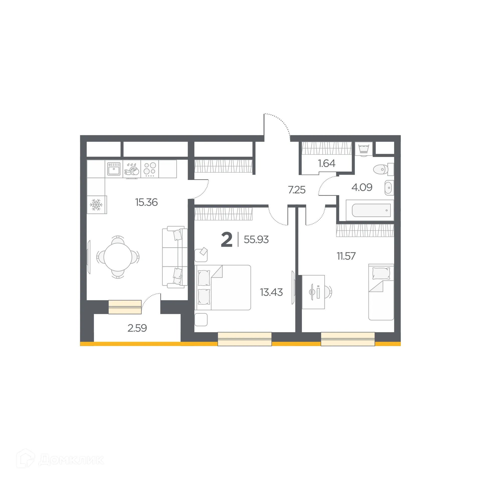Планировка 2-комнатной квартиры 55.93 м² в Новые Горизонты, г. Дядьково — фото 1