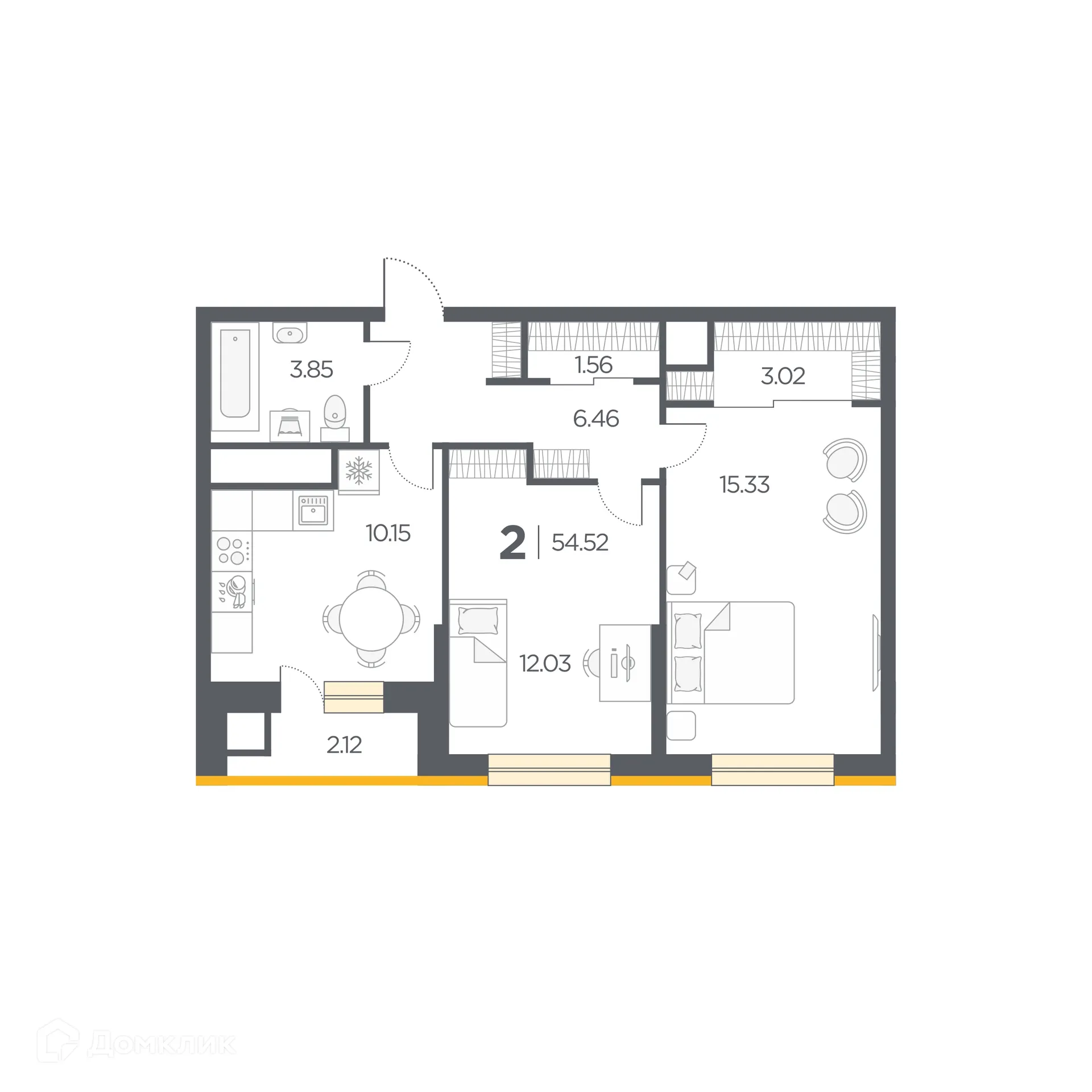 Планировка 2-комнатной квартиры 54.52 м² в Новые Горизонты, г. Дядьково — фото 1
