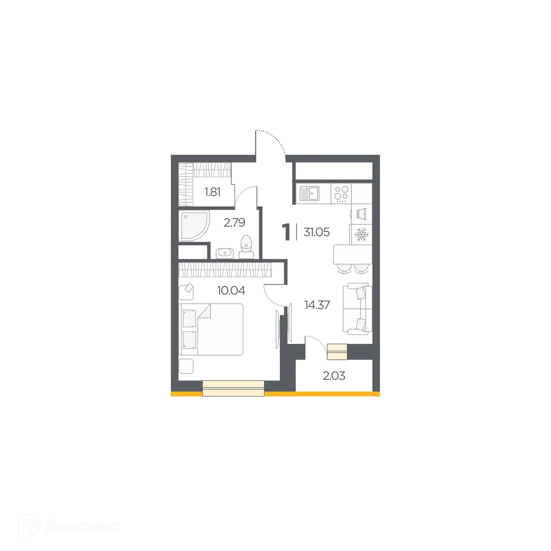 Планировка 1-комнатной квартиры 31.05 м² в Новые Горизонты, г. Дядьково — фото 1