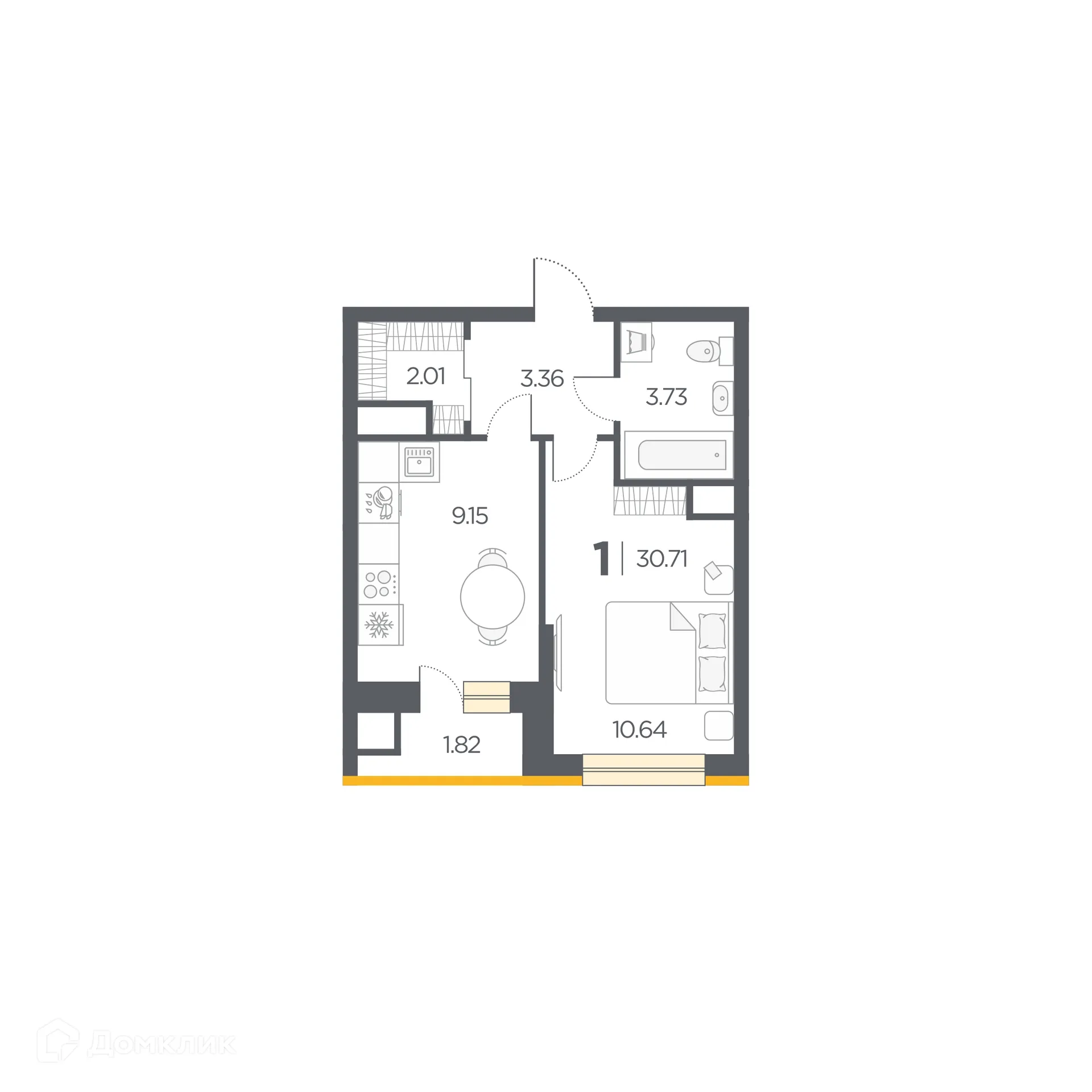 Планировка 1-комнатной квартиры 30.71 м² в Новые Горизонты, г. Дядьково — фото 1