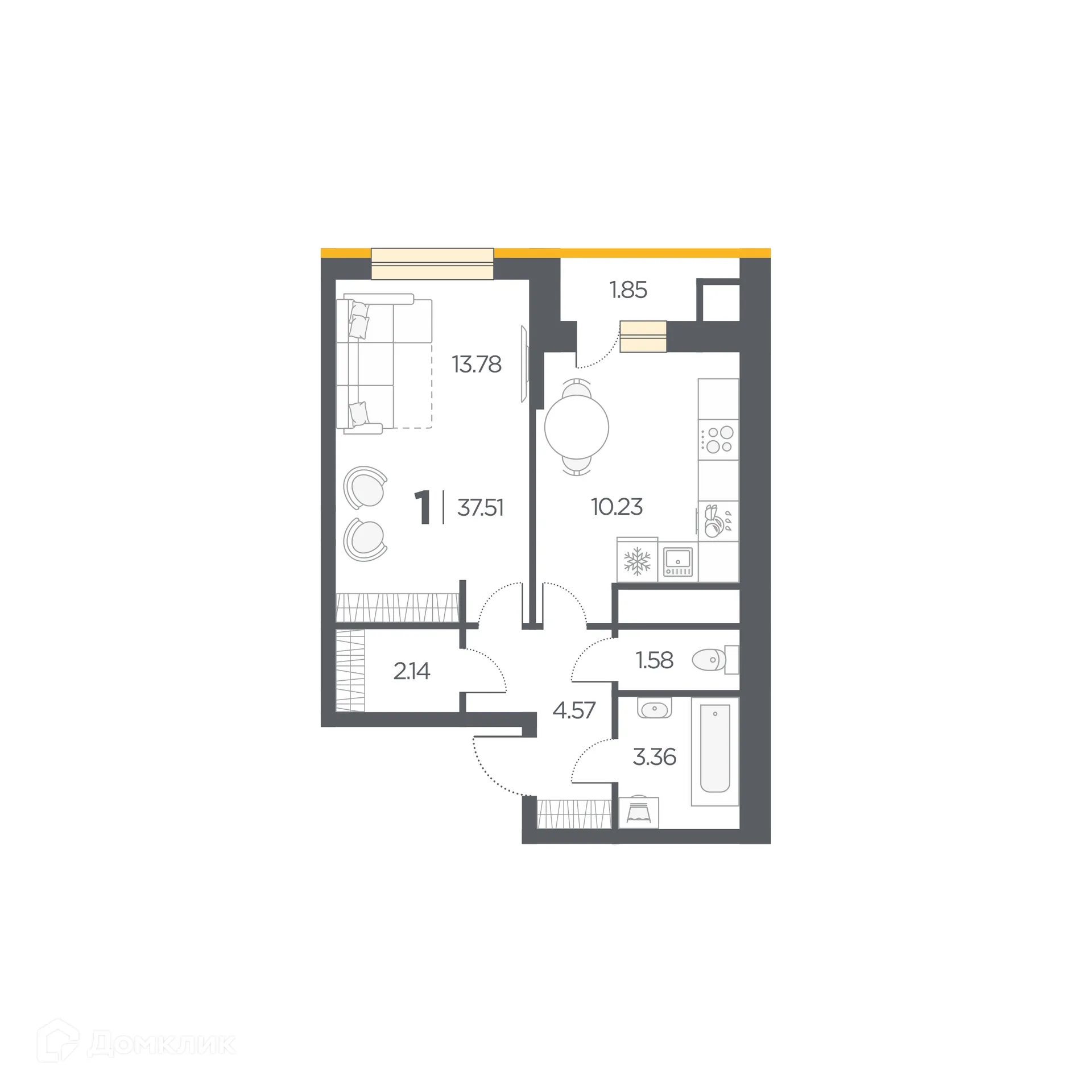 Планировка 1-комнатной квартиры 37.51 м² в Новые Горизонты, г. Дядьково — фото 1