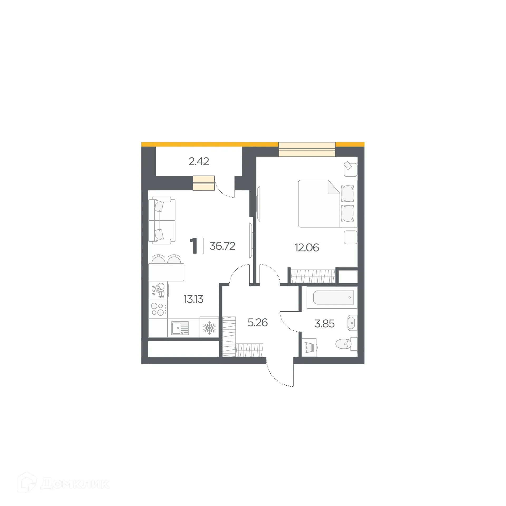 Планировка 1-комнатной квартиры 36.72 м² в Новые Горизонты, г. Дядьково — фото 1