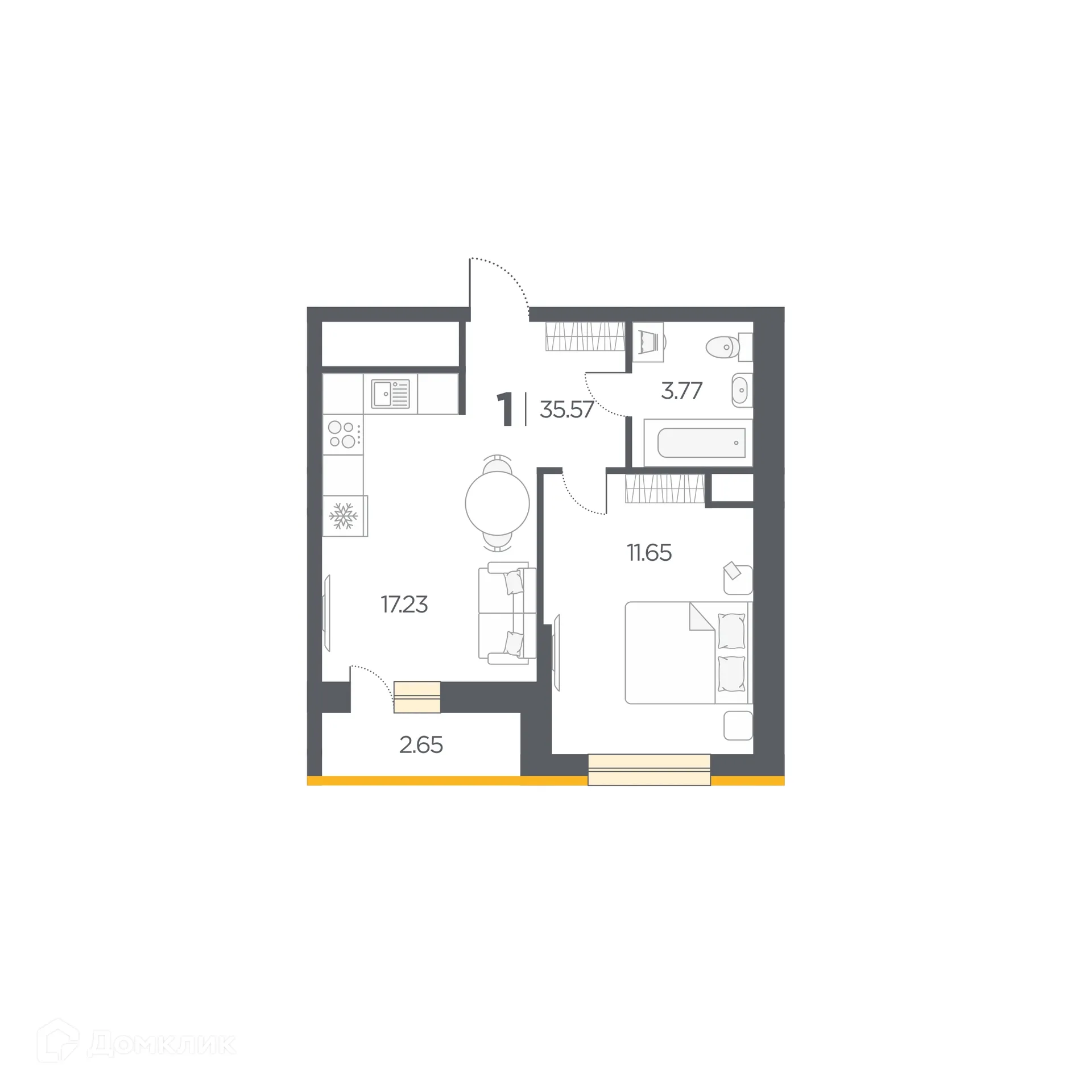 Планировка 1-комнатной квартиры 35.57 м² в Новые Горизонты, г. Дядьково — фото 1