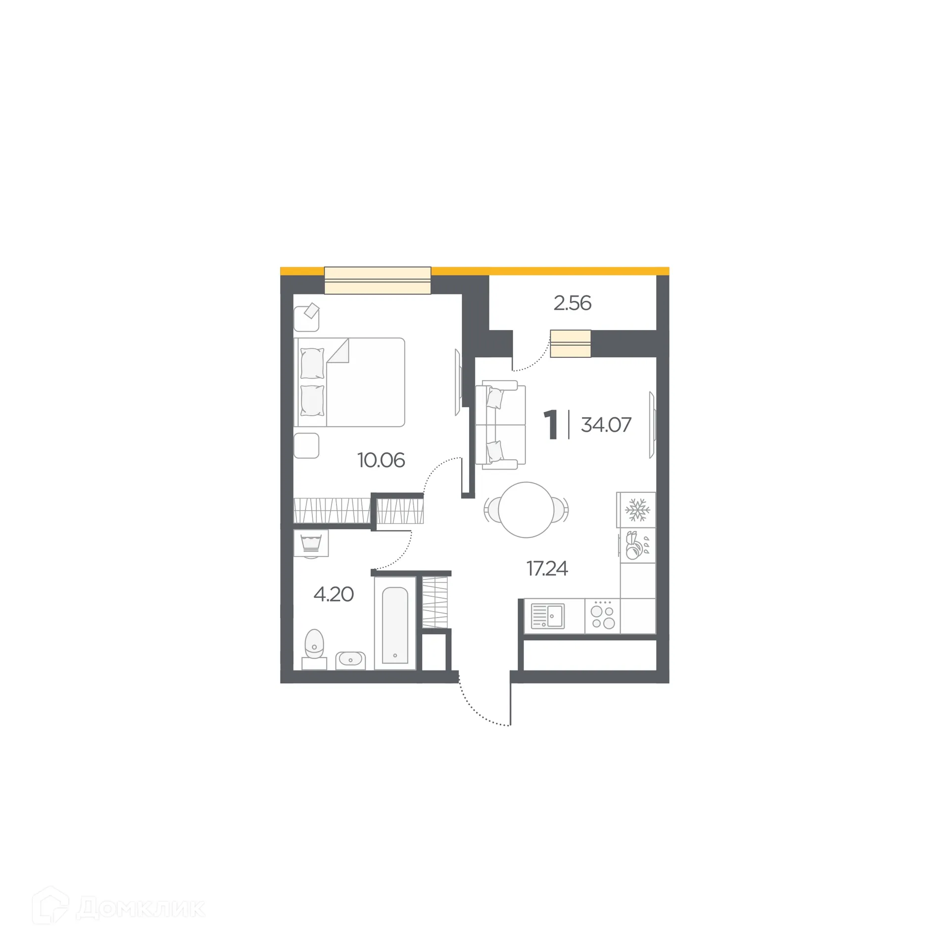 Планировка 1-комнатной квартиры 34.07 м² в Новые Горизонты, г. Дядьково — фото 1