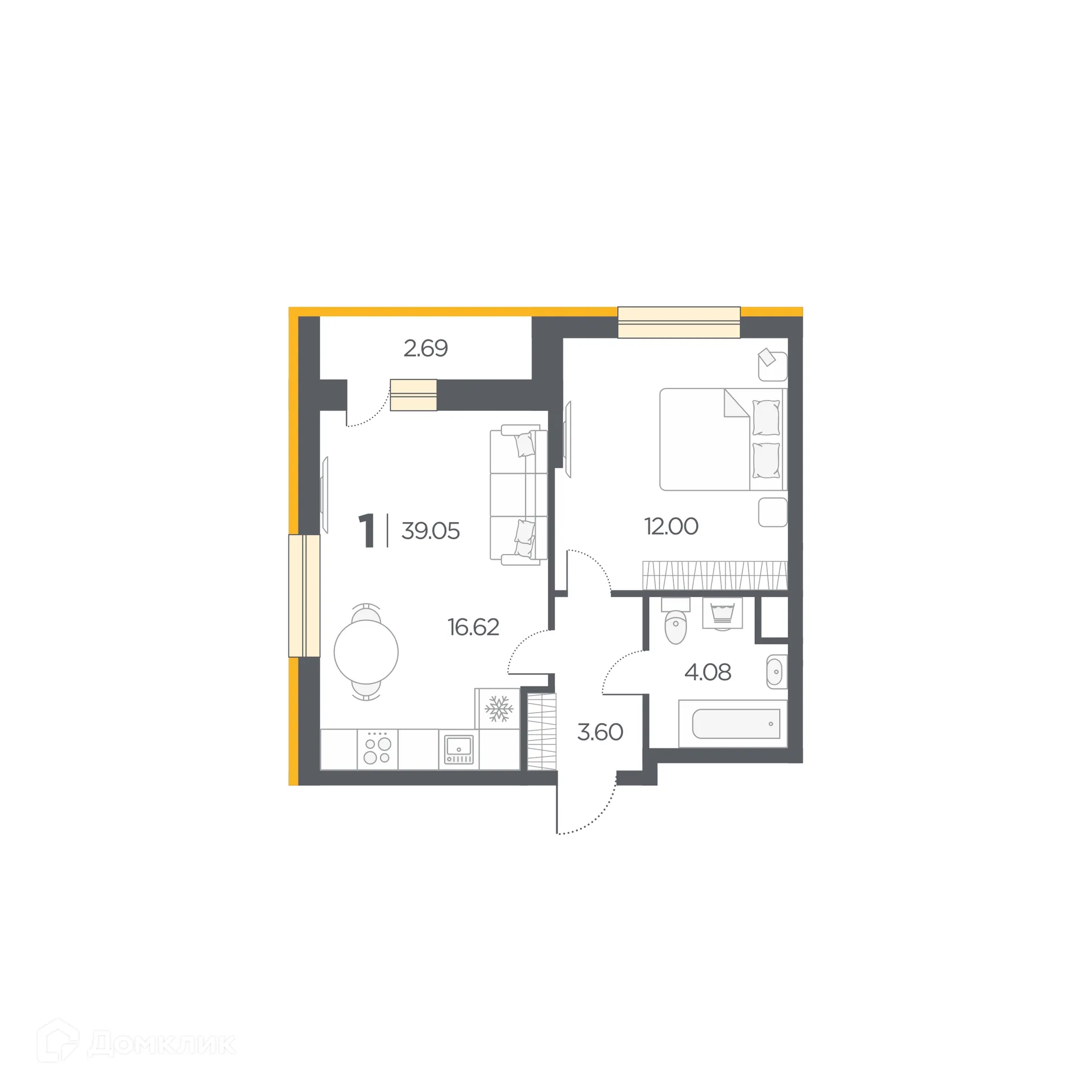 Планировка 1-комнатной квартиры 39.05 м² в Новые Горизонты, г. Дядьково — фото 1