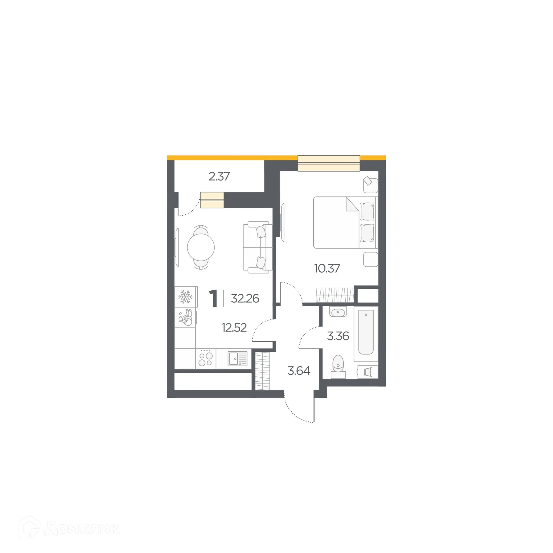 Планировка 1-комнатной квартиры 32.26 м² в Новые Горизонты, г. Дядьково — фото 1