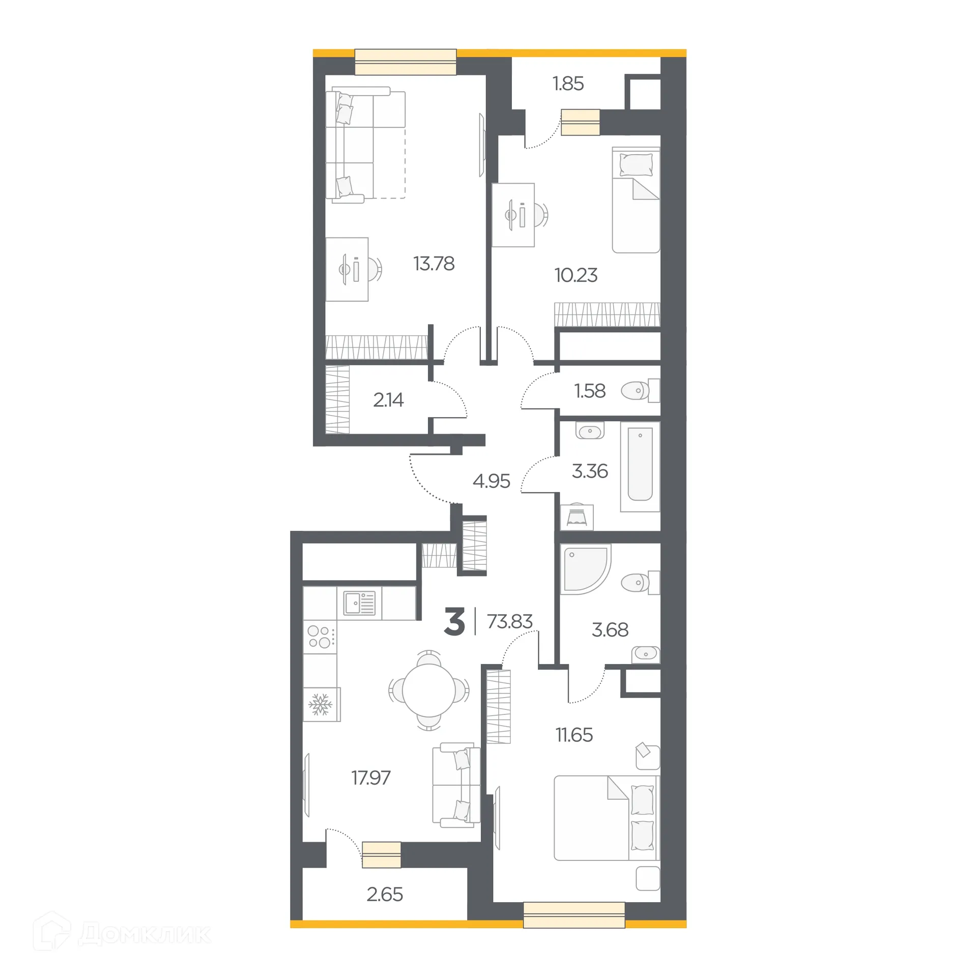 Планировка 3-комнатной квартиры 73.83 м² в Новые Горизонты, г. Дядьково — фото 1