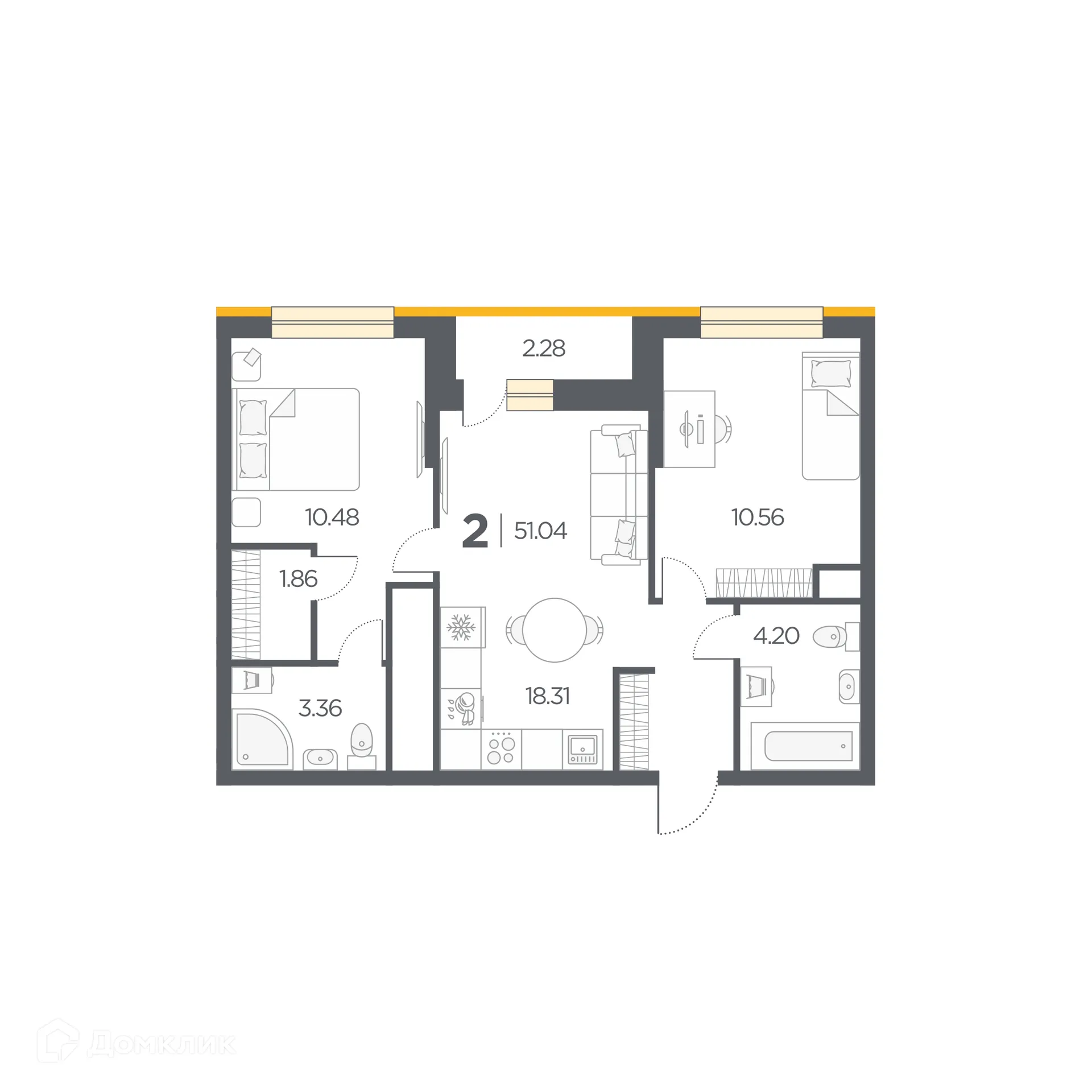 Планировка 2-комнатной квартиры 51.04 м² в Новые Горизонты, г. Дядьково — фото 1