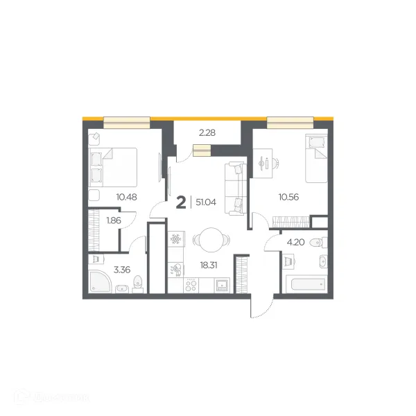 Планировка 2 комн. в Новые Горизонты