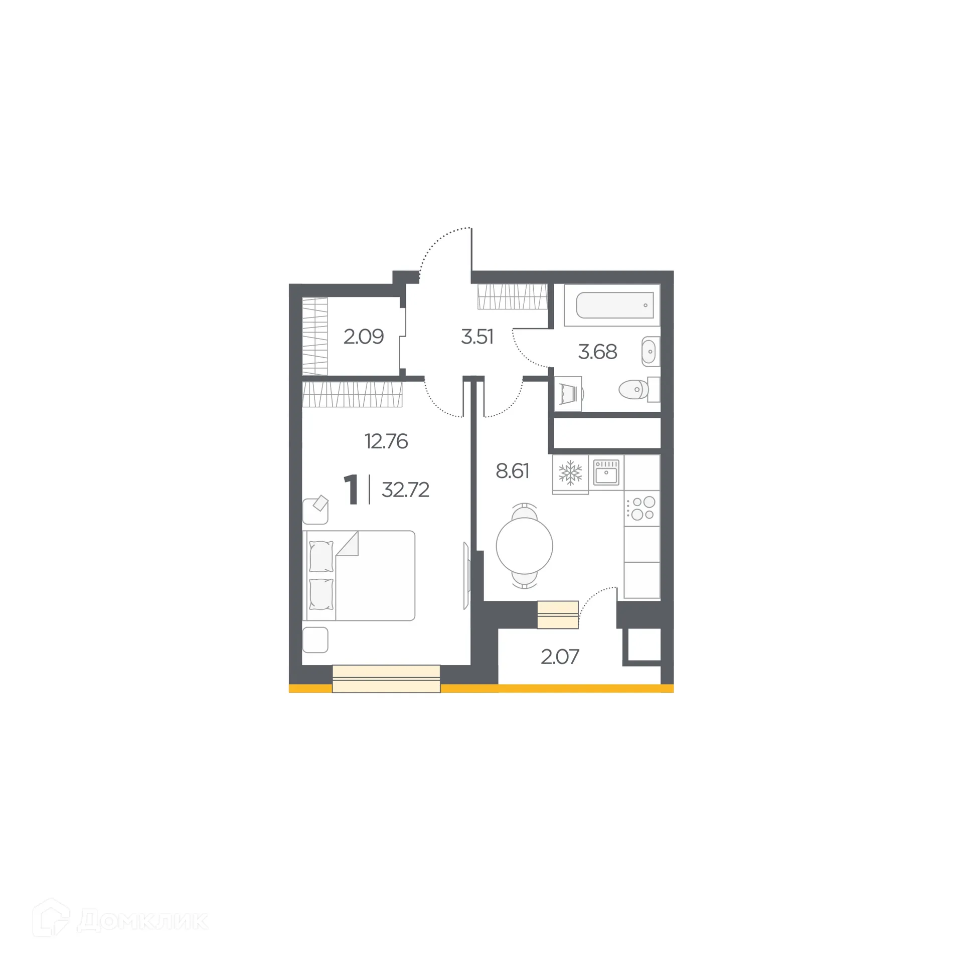 Планировка 1-комнатной квартиры 32.72 м² в Новые Горизонты, г. Дядьково — фото 1