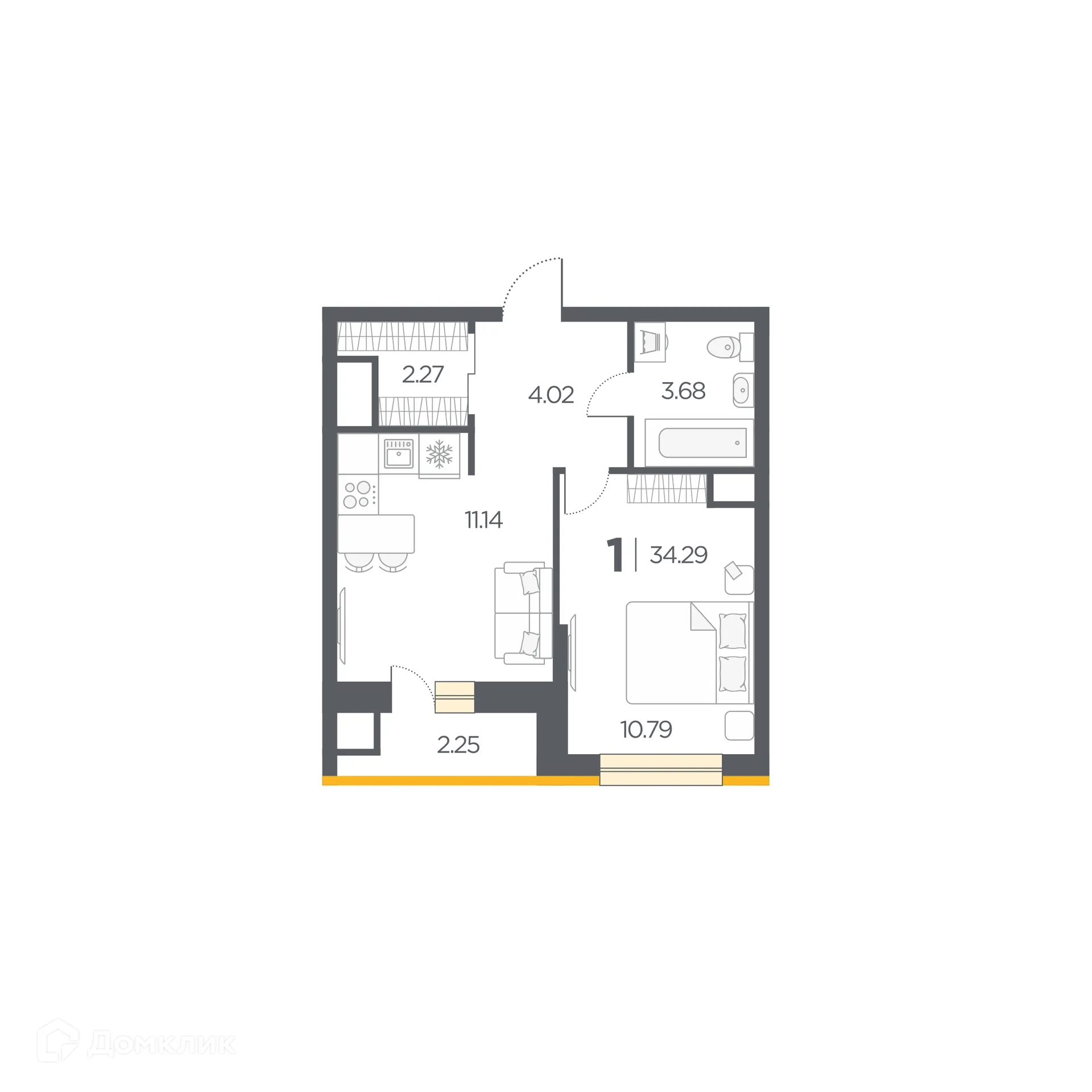 Планировка 1-комнатной квартиры 34.29 м² в Новые Горизонты, г. Дядьково — фото 1