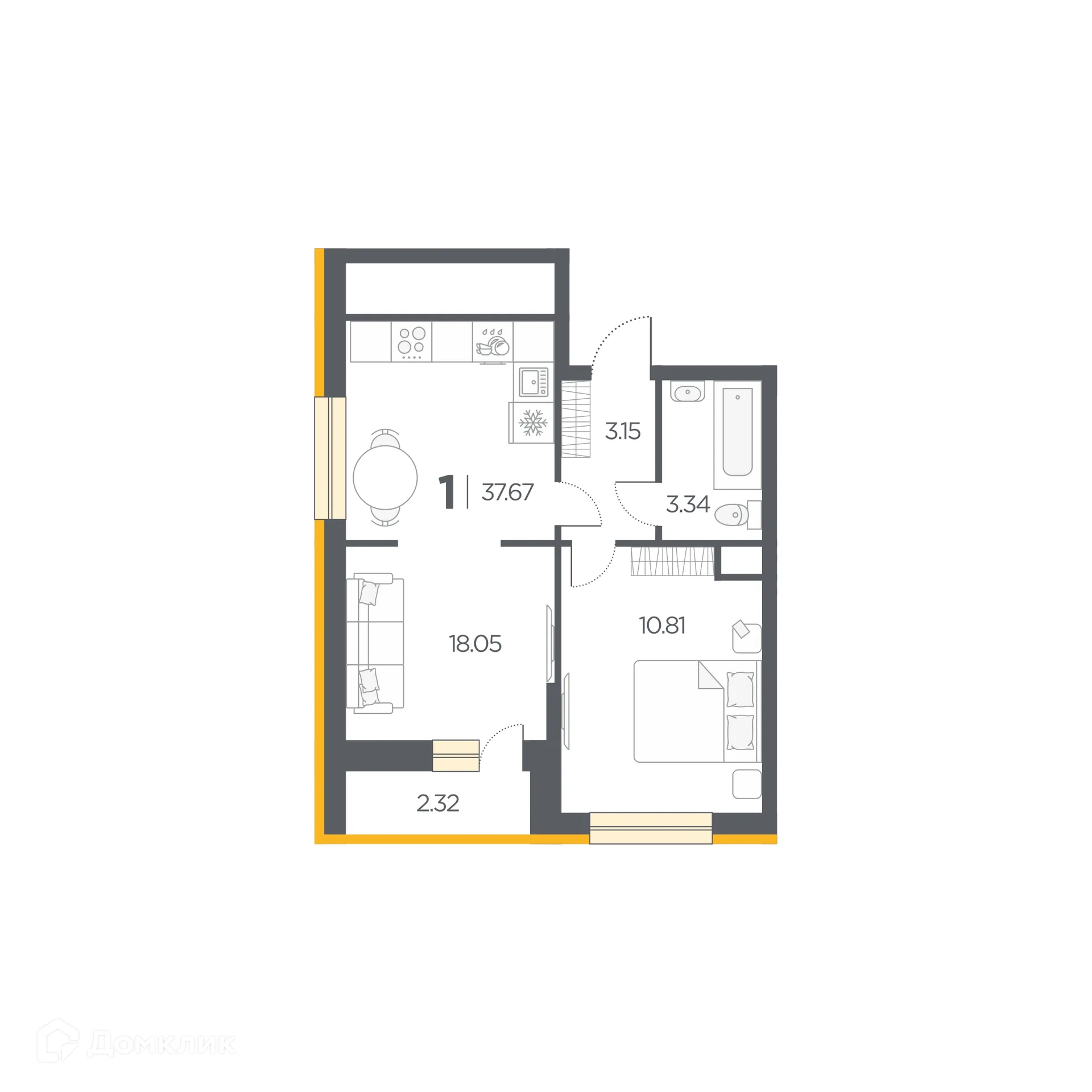 Планировка 1-комнатной квартиры 37.67 м² в Новые Горизонты, г. Дядьково — фото 1