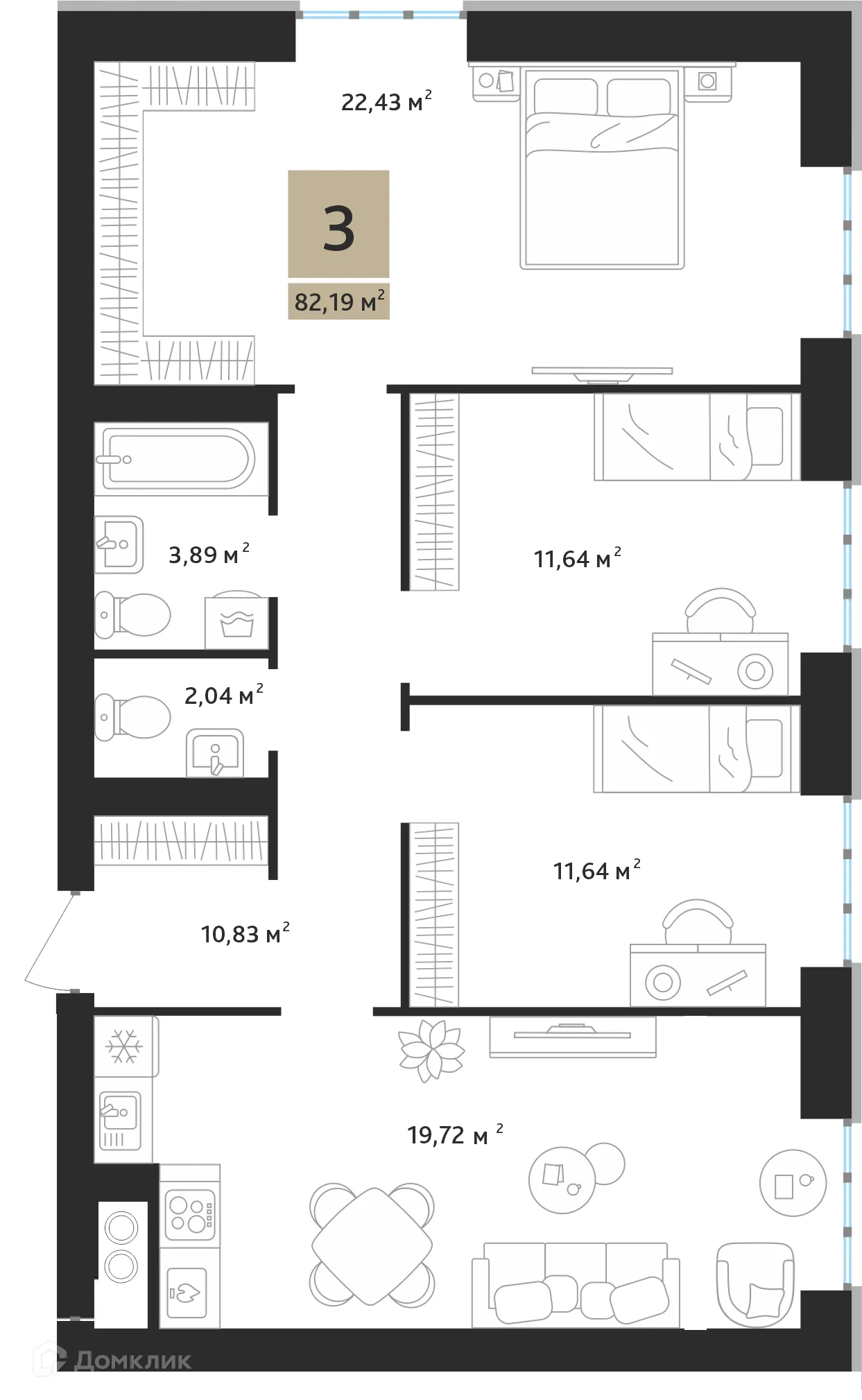 Планировка 3-комнатной квартиры 82.19 м² в ЖК Ривьера, г. Дядьково — фото 2