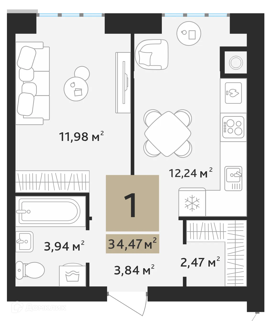 Планировка 1-комнатной квартиры 34.47 м² в ЖК Ривьера, г. Дядьково — фото 2