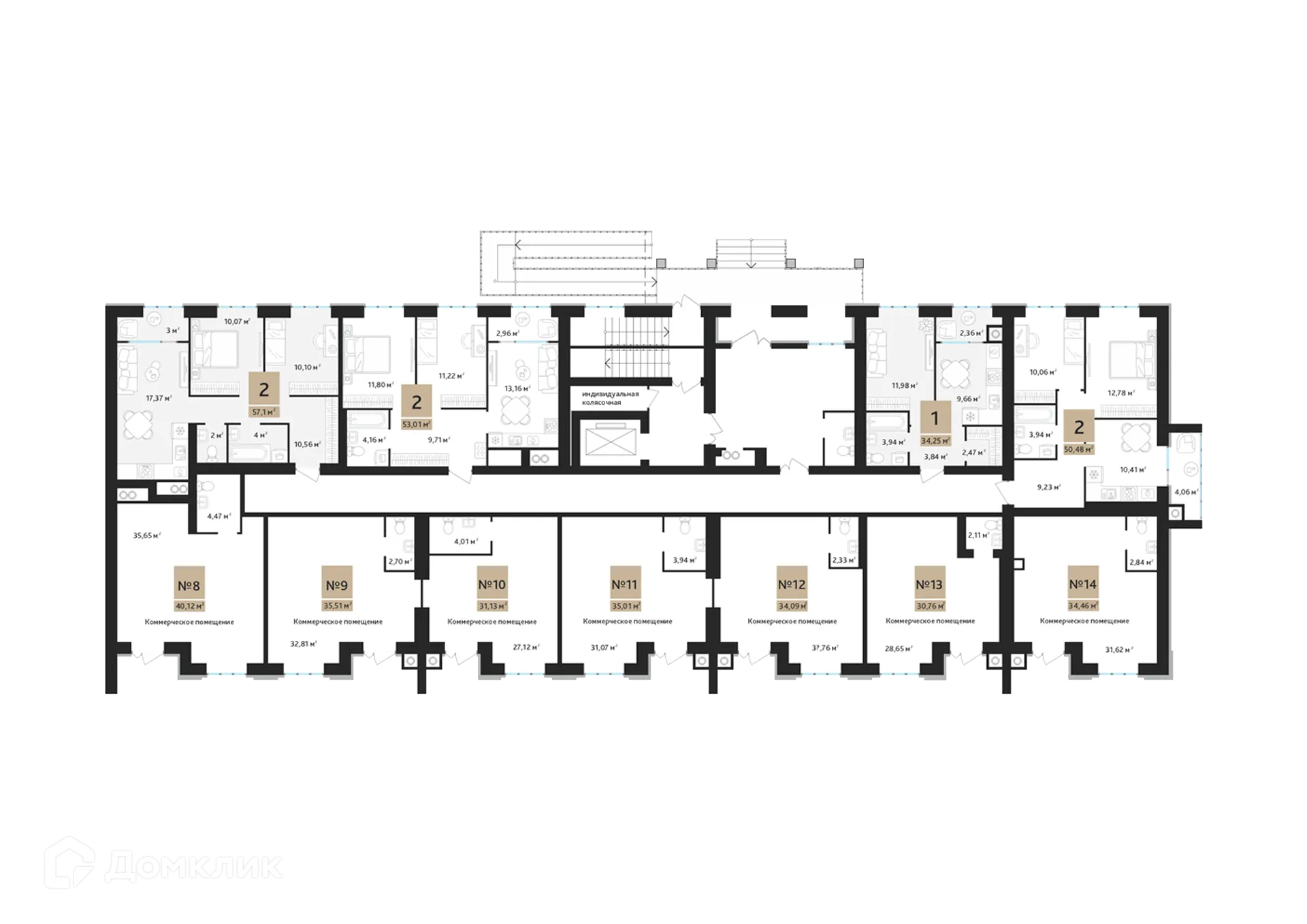 Планировка 1-комнатной квартиры 34.47 м² в ЖК Ривьера, г. Дядьково — фото 3