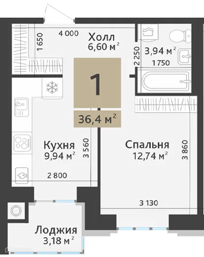 Планировка 1-комнатной квартиры 34.81 м² в ЖК Ривьера, г. Дядьково — фото 1