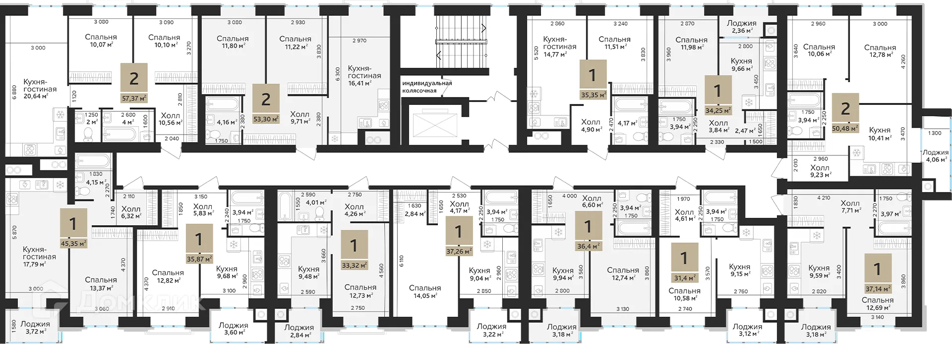 Планировка 1-комнатной квартиры 34.07 м² в ЖК Ривьера, г. Дядьково — фото 2