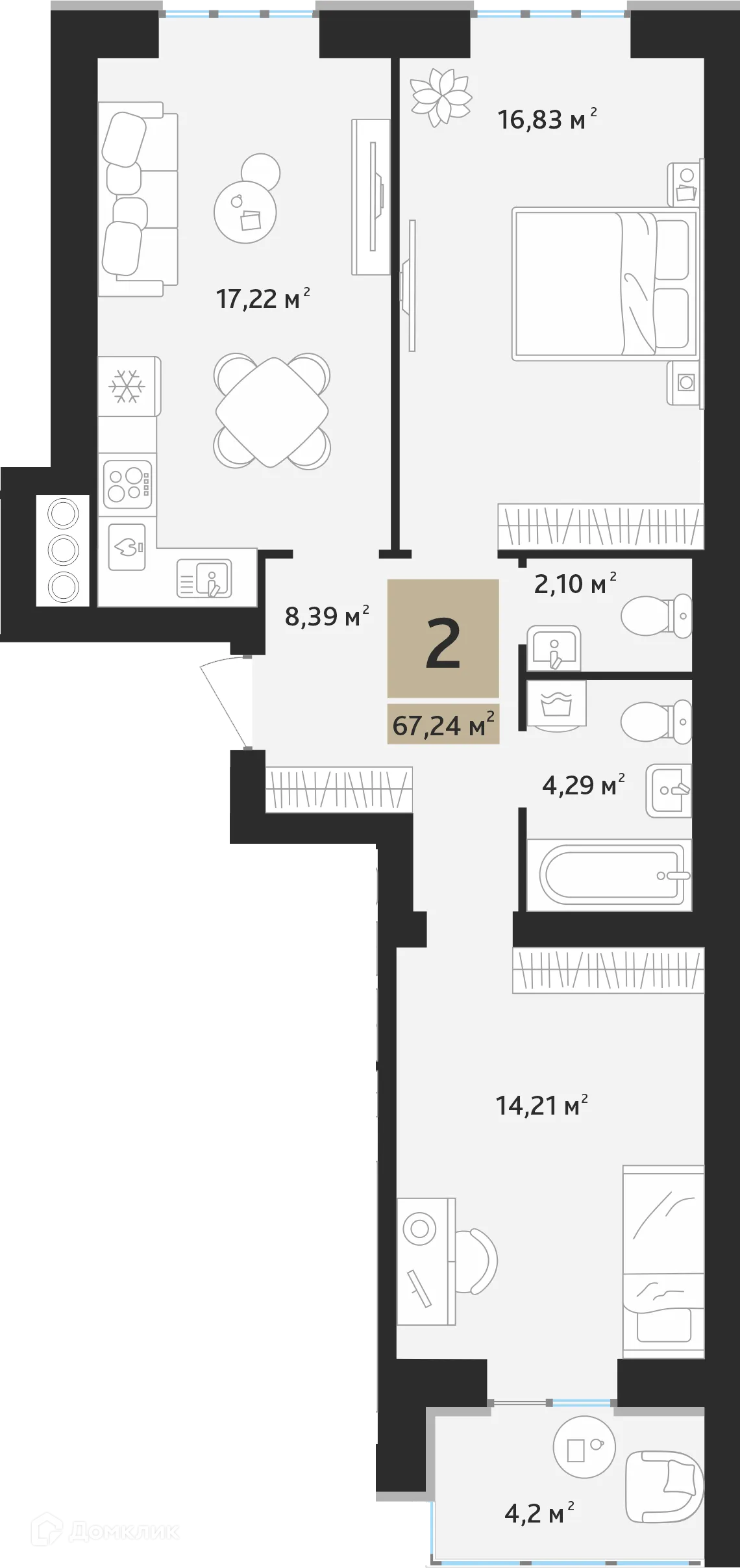 Планировка 2-комнатной квартиры 65.14 м² в ЖК Ривьера, г. Дядьково — фото 2