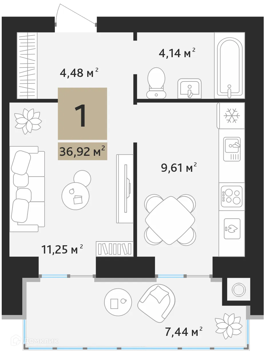 Планировка 1-комнатной квартиры 33.2 м² в ЖК Ривьера, г. Дядьково — фото 2