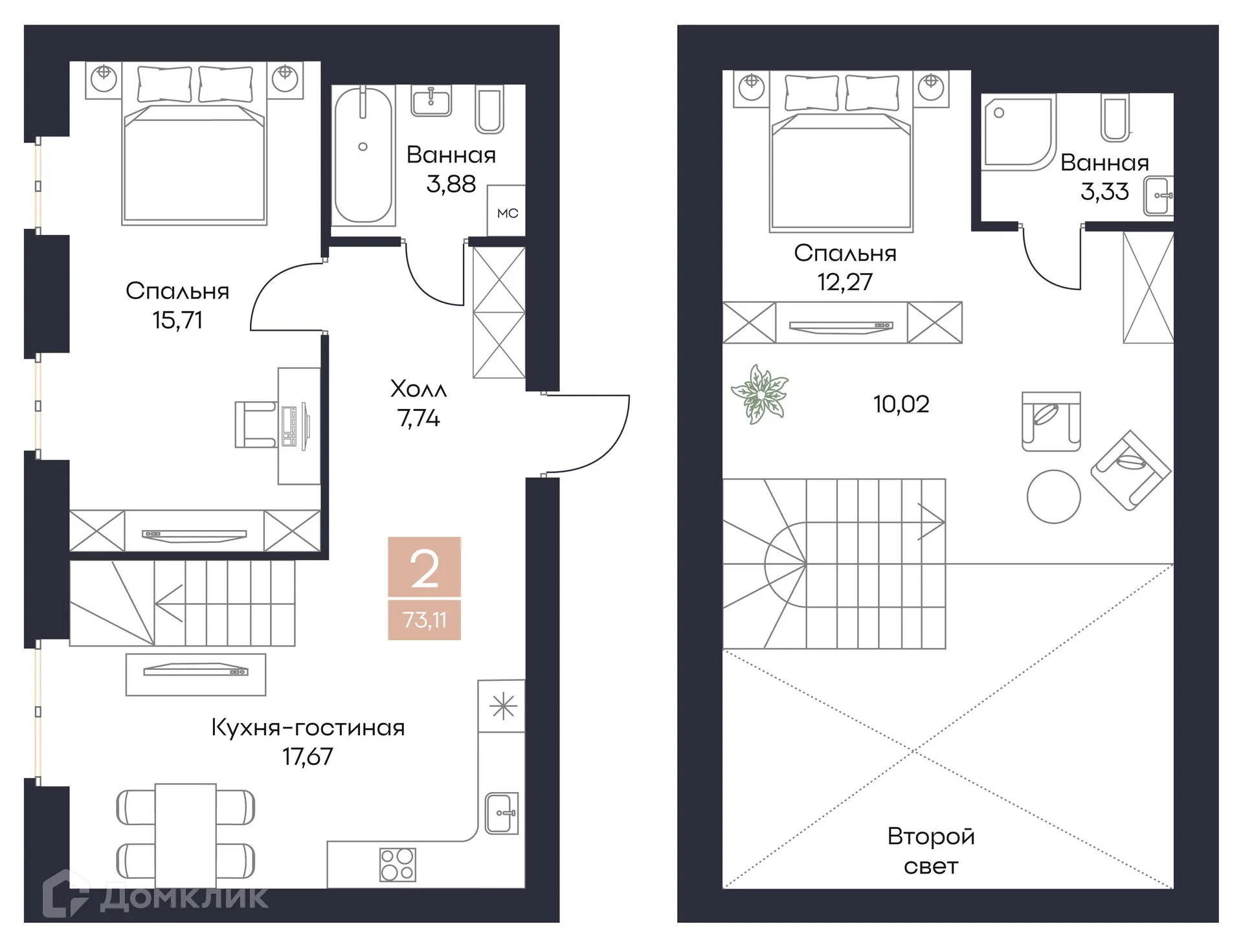 Планировка 2-комнатной квартиры 70.62 м² в ЖК Резиденция Поляна, г. Рязань — фото 11