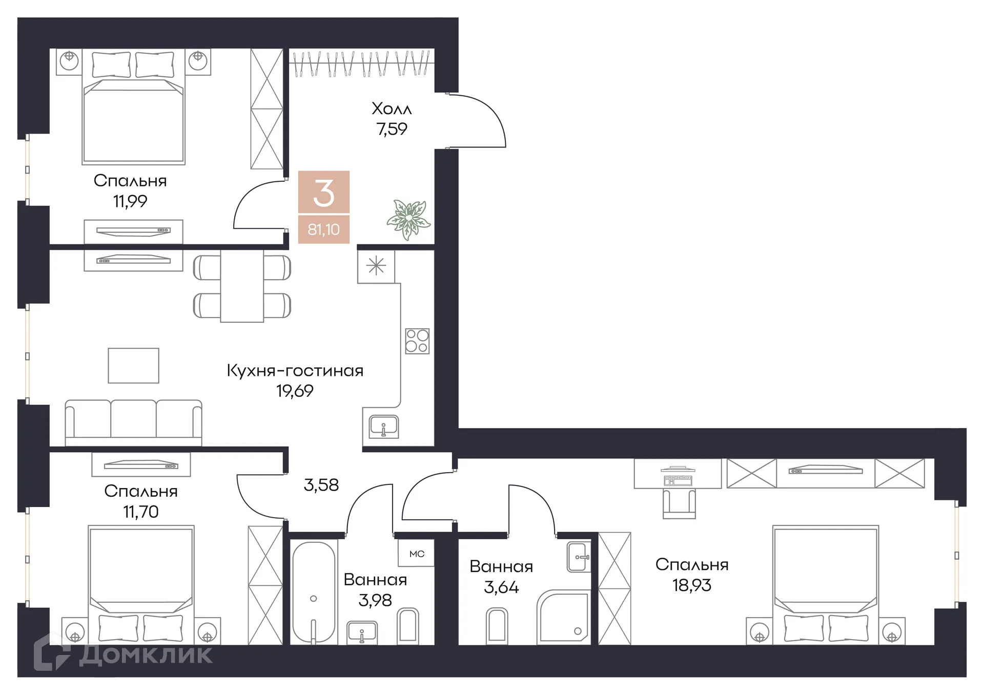Планировка 3-комнатной квартиры 81.1 м² в ЖК Резиденция Поляна, г. Рязань — фото 1