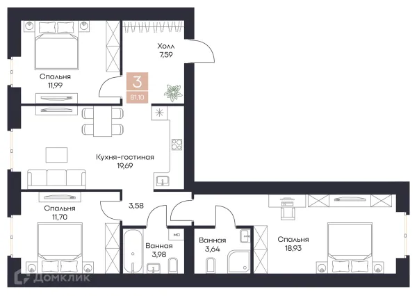 Планировка 3 комн. в ЖК Резиденция Поляна