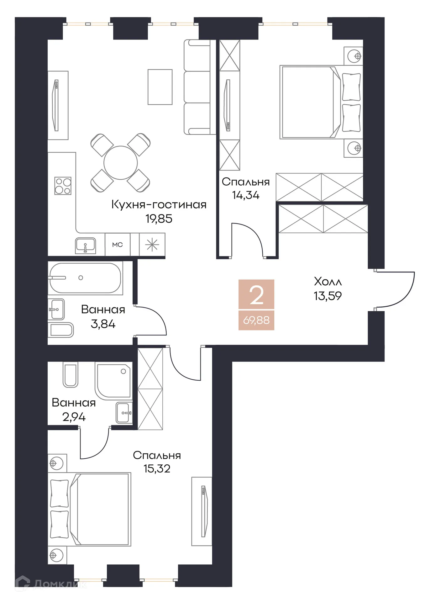 Планировка 2-комнатной квартиры 69.88 м² в ЖК Резиденция Поляна, г. Рязань — фото 1