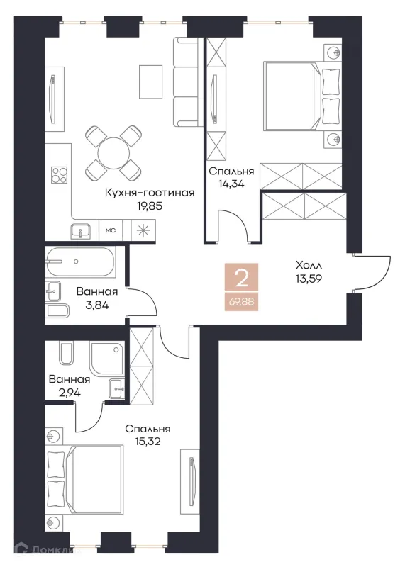 Планировка 2 комн. в ЖК Резиденция Поляна