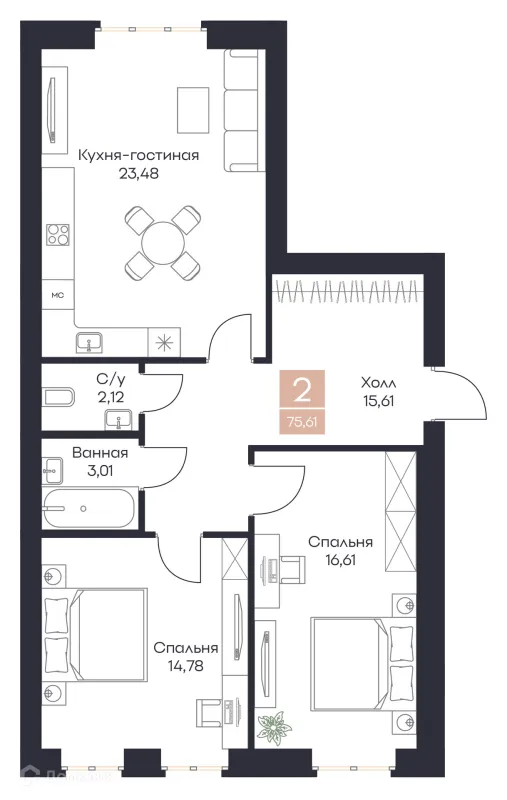 Планировка 2 комн. в ЖК Резиденция Поляна