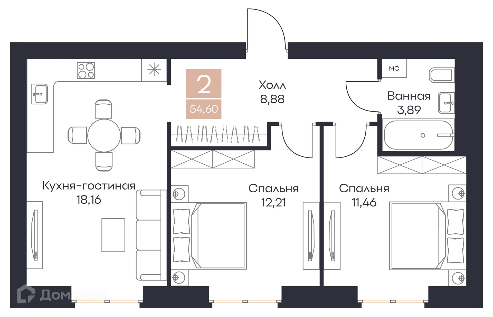 Планировка 2-комнатной квартиры 54.6 м² в ЖК Резиденция Поляна, г. Рязань — фото 1