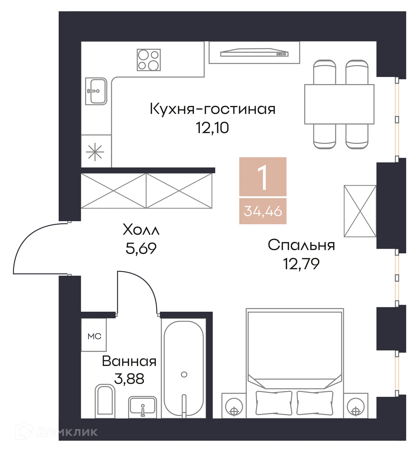 Планировка 1-комнатной квартиры 34.46 м² в ЖК Резиденция Поляна, г. Рязань — фото 1