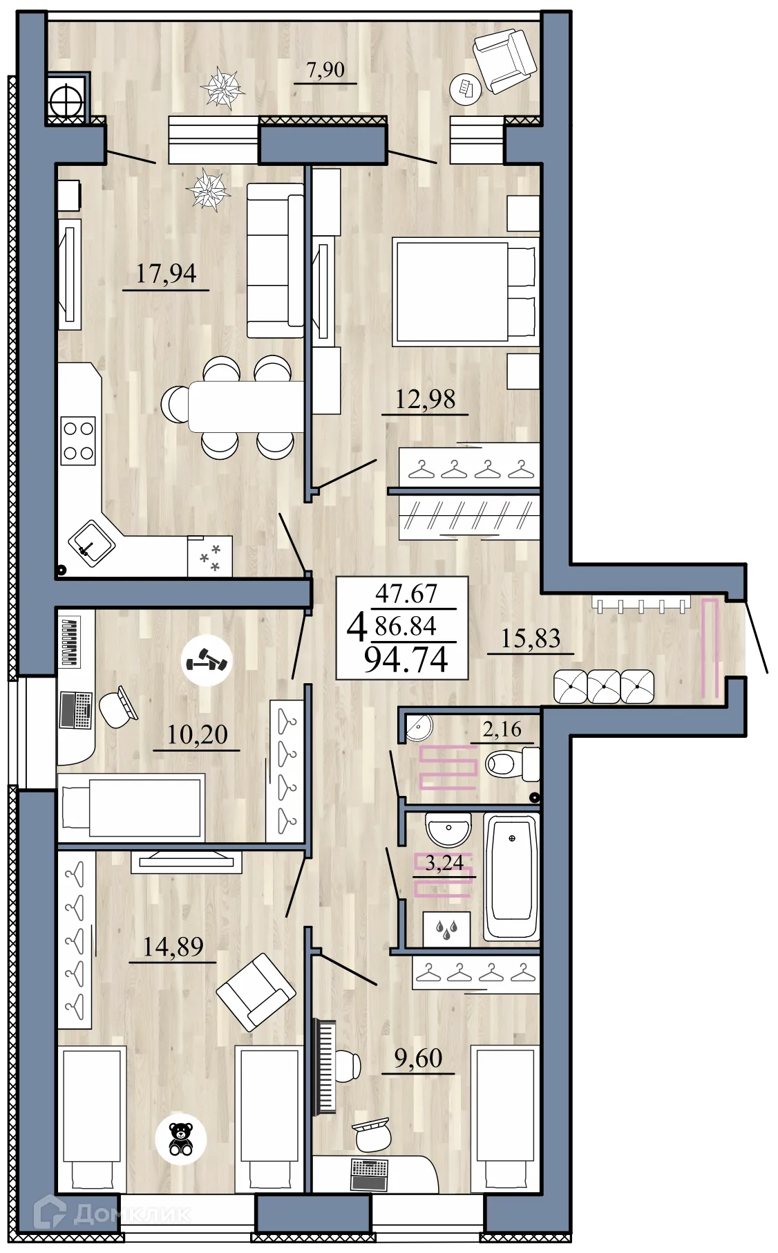 Планировка 4-комнатной квартиры 94.74 м² в Стрижи, г. Рыбное — фото 1