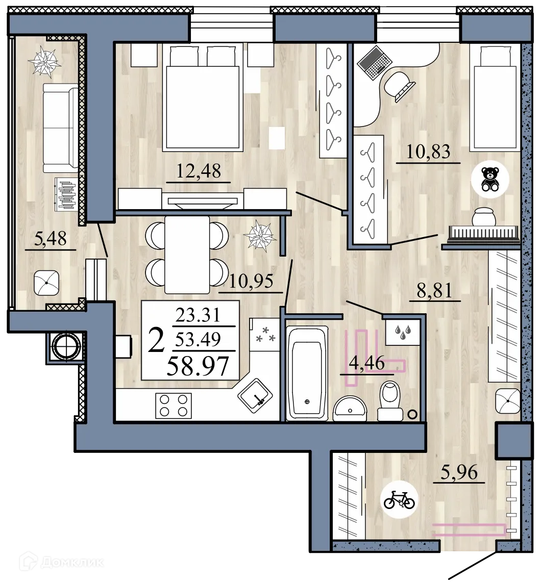 Планировка 2-комнатной квартиры 58.97 м² в Стрижи, г. Рыбное — фото 1