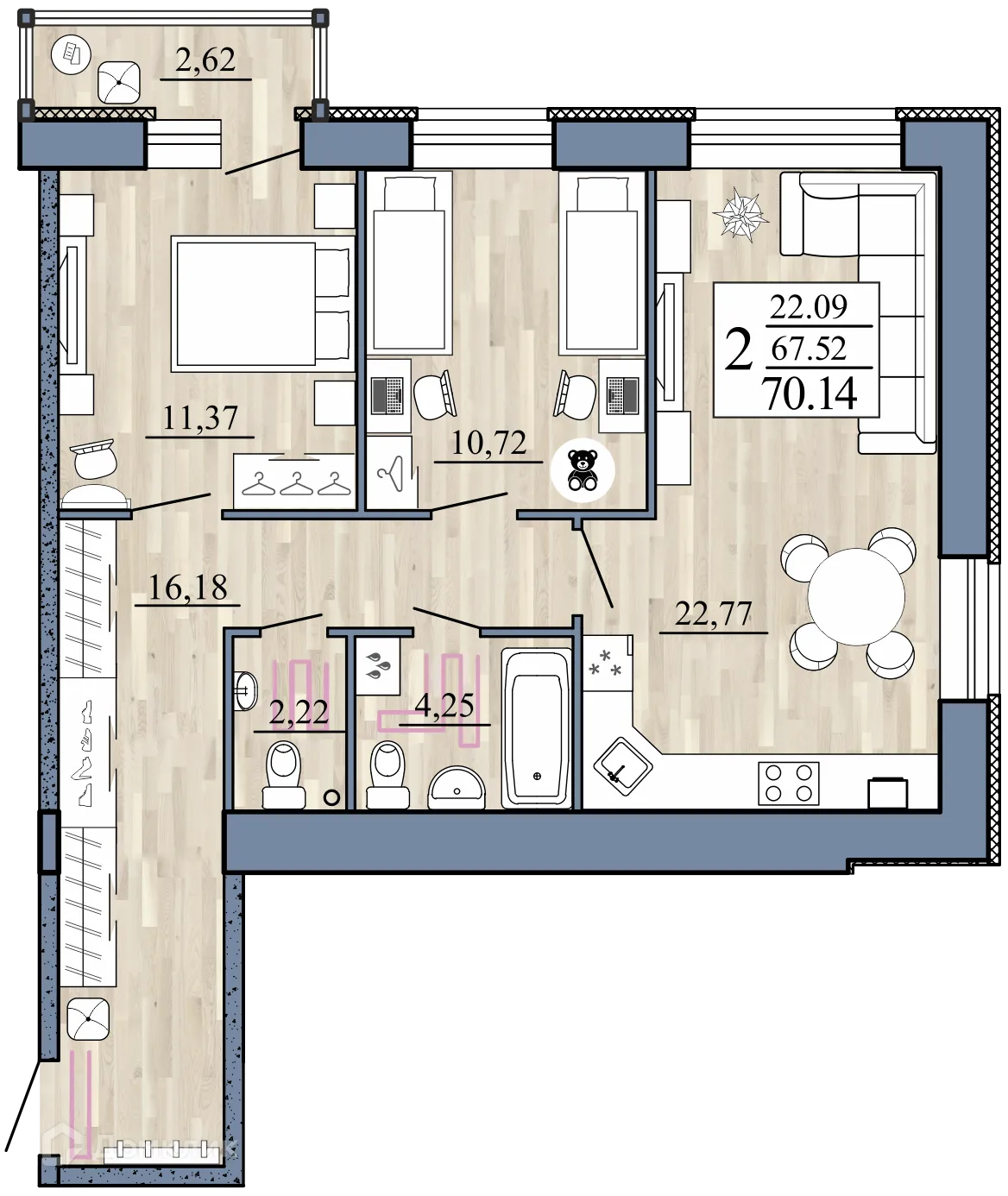 Планировка 2-комнатной квартиры 70.14 м² в Стрижи, г. Рыбное — фото 1