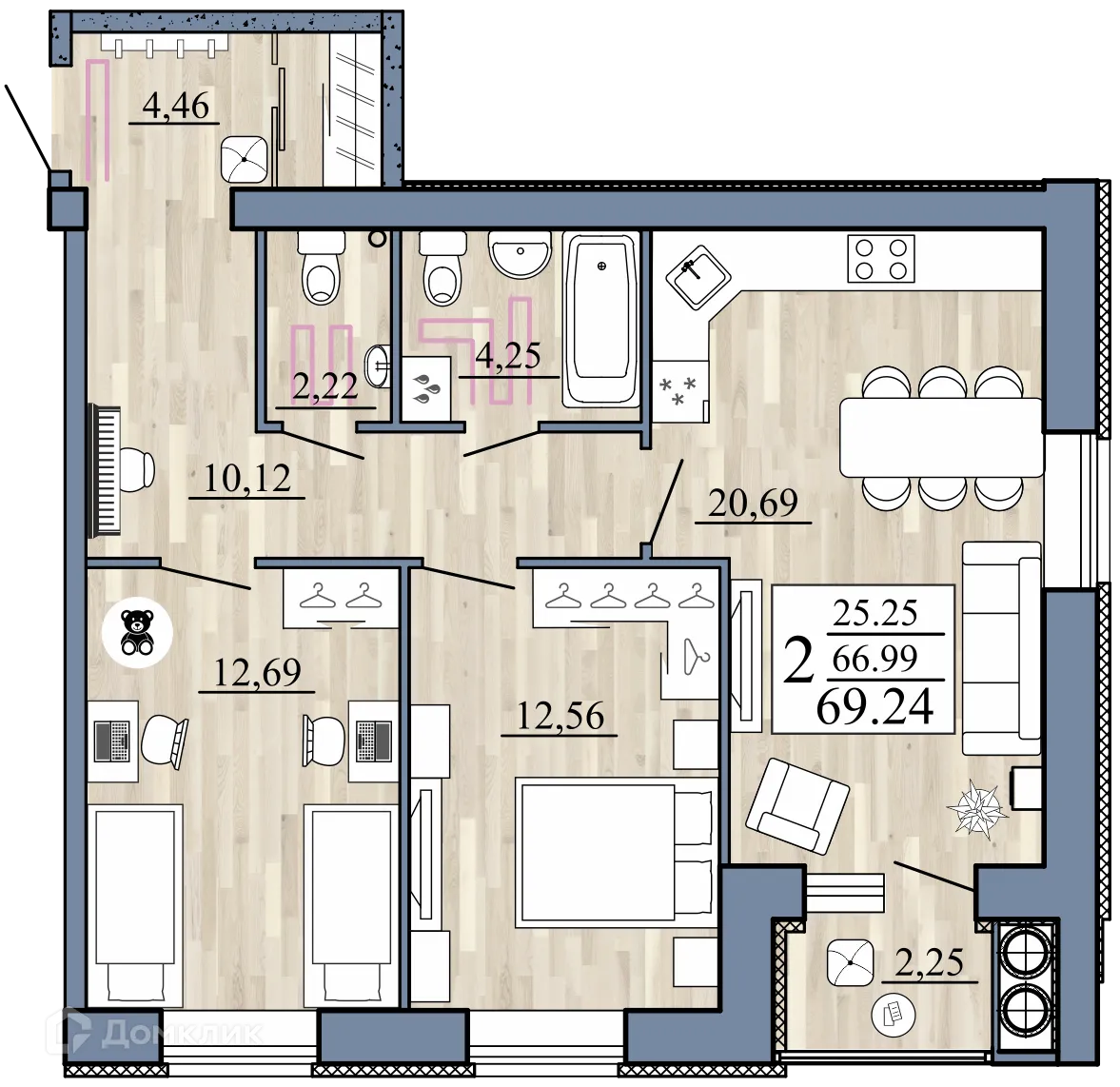 Планировка 2-комнатной квартиры 69.24 м² в Стрижи, г. Рыбное — фото 1