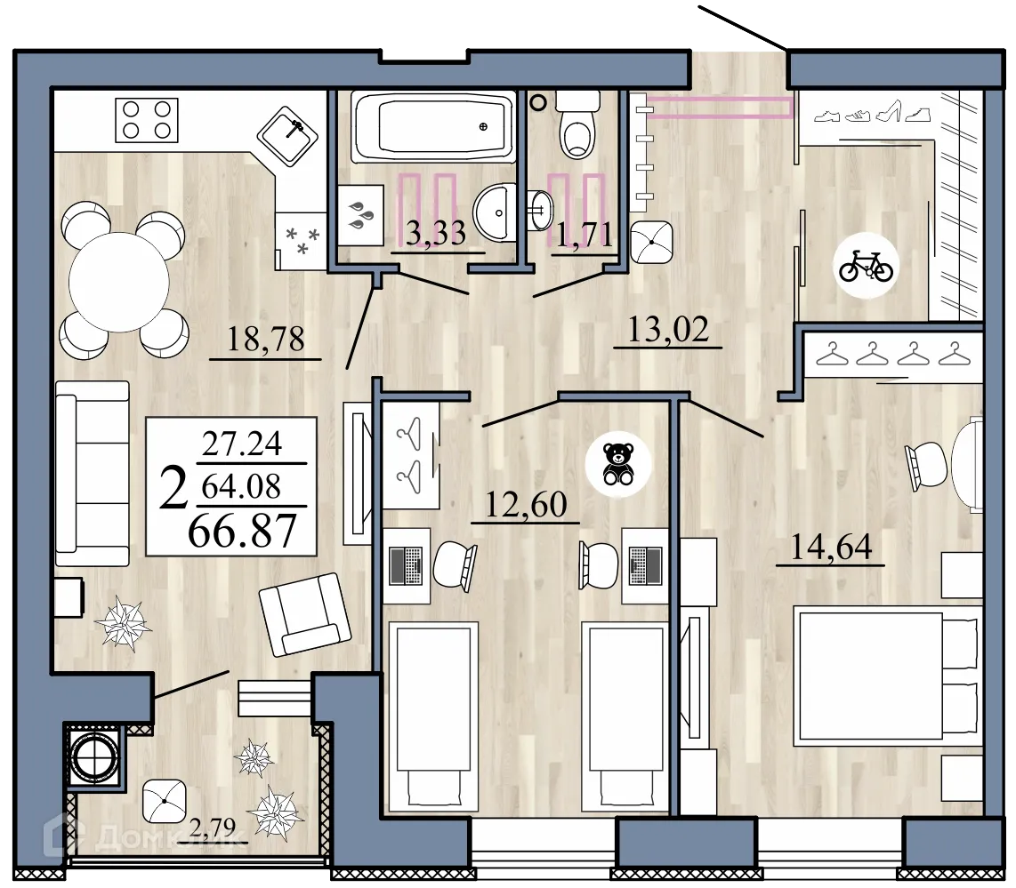 Планировка 2-комнатной квартиры 66.87 м² в Стрижи, г. Рыбное — фото 1