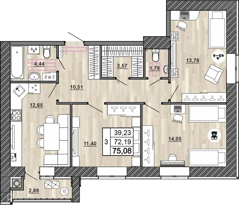 Планировка 3-комнатной квартиры 75.08 м² в Сокол, г. Рыбное — фото 1