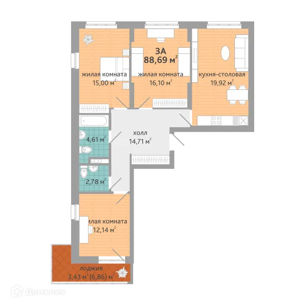 Планировка 3-комнатной квартиры 88.69 м² в ЖК Семейный квартал "Дружный-2", г. Екатеринбург — фото 1