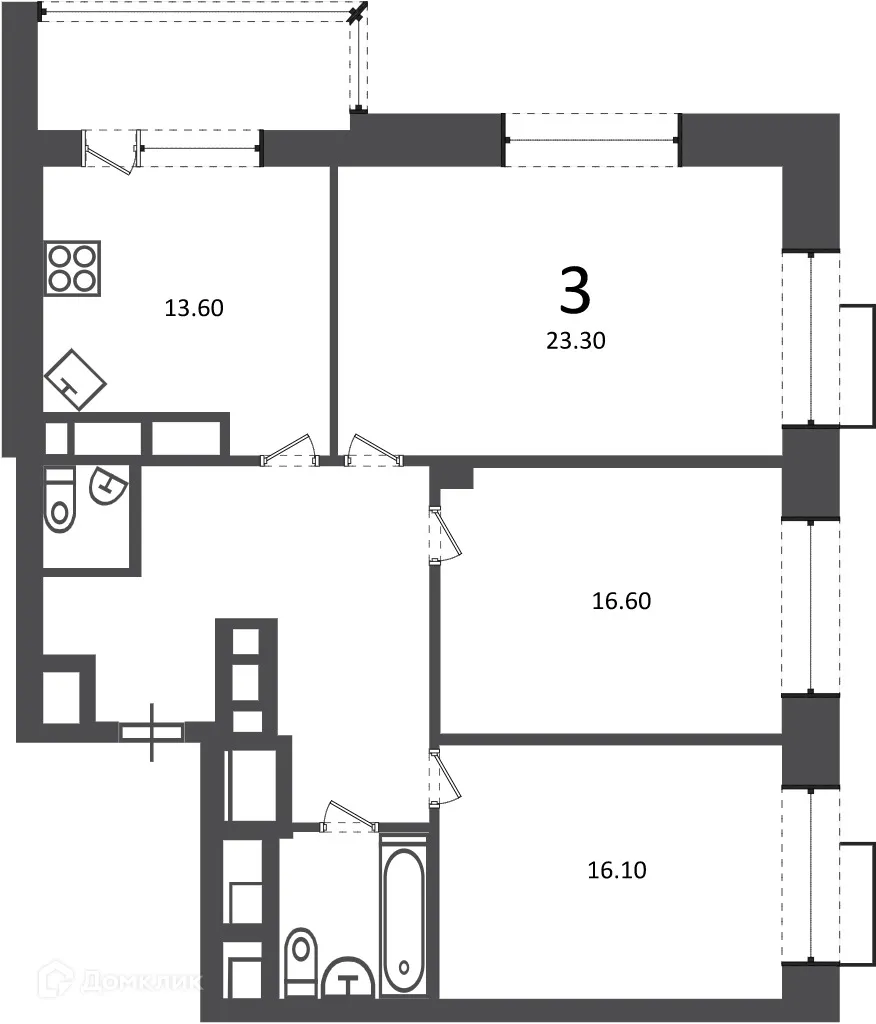 Планировка 3-комнатной квартиры 93 м² в Клинская ул., д. 2А (Московские кварталы), г. Москва — фото 1