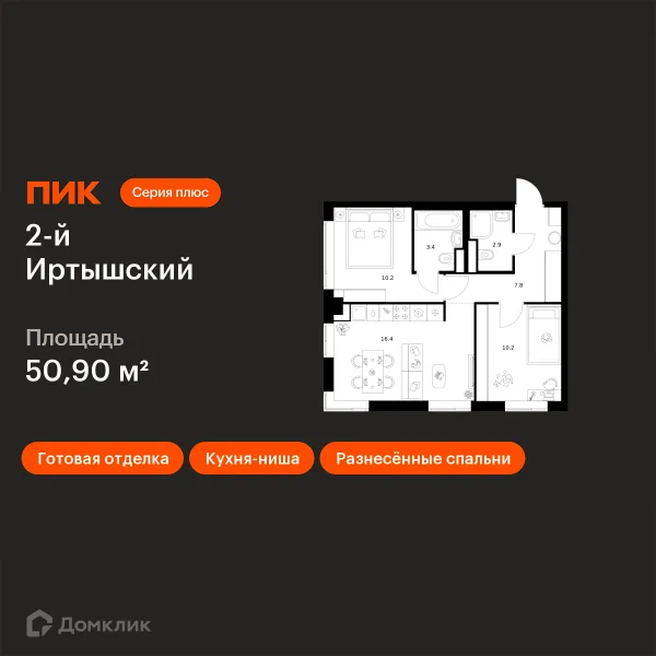 Планировка 2 комн. в ЖК 2-й Иртышский