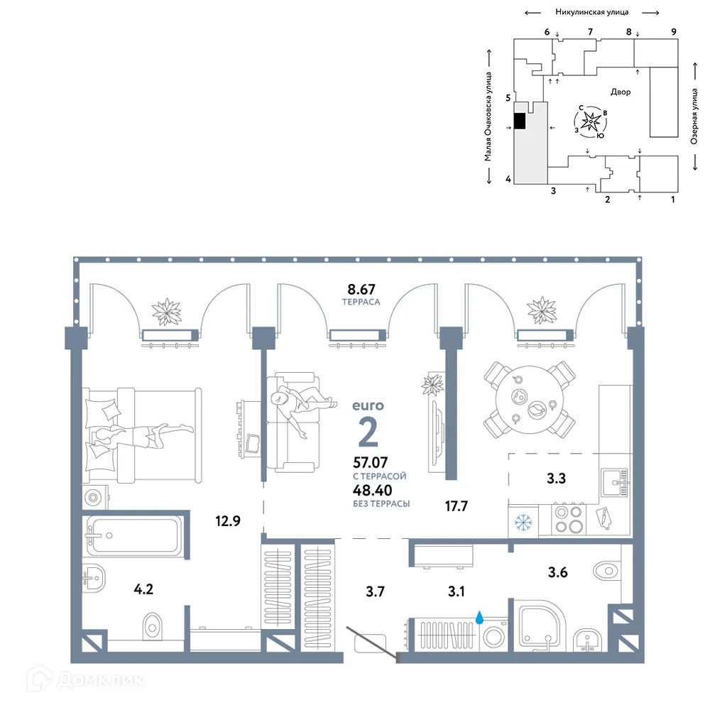 Планировка 2-комнатной квартиры 57.07 м² в ЖК Страна.Озерная, г. Москва — фото 1