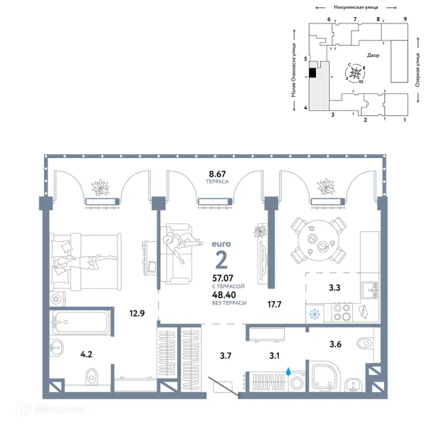 Планировка 2 комн. в ЖК Страна.Озерная