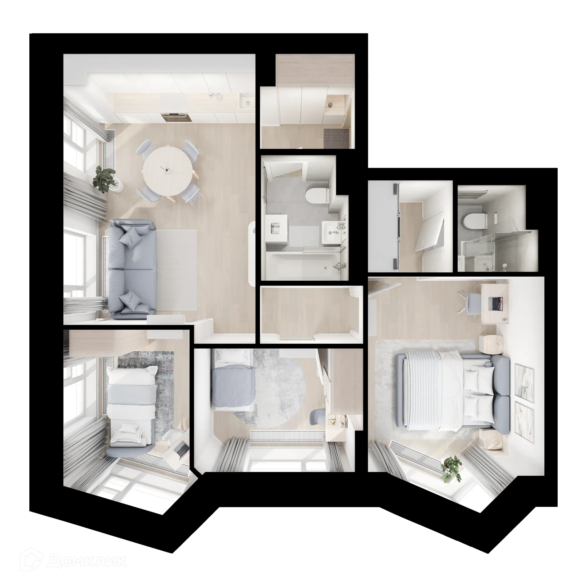 Планировка 3-комнатной квартиры 65.8 м² в ЖК Мичуринский парк, г. Москва — фото 2