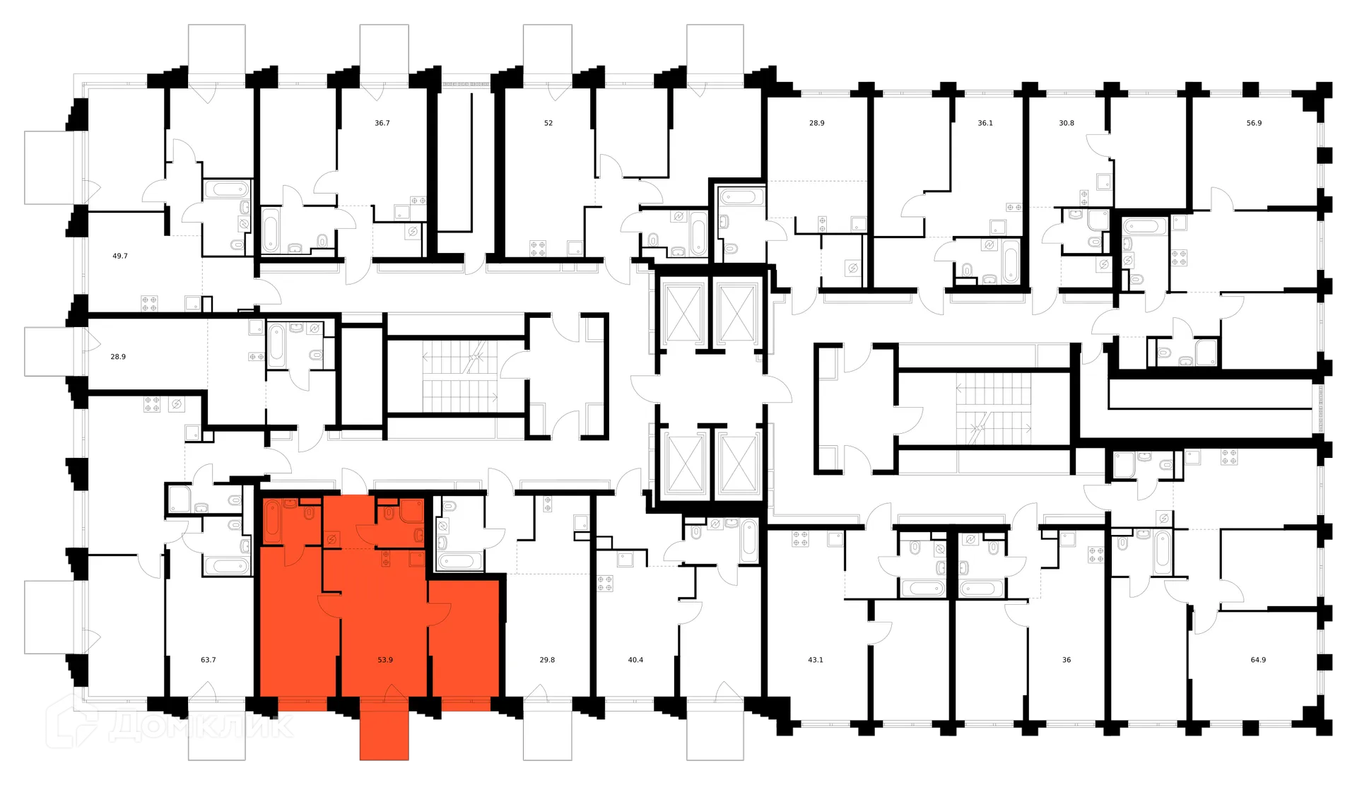 Планировка 2-комнатной квартиры 53.9 м² в ЖК Зелёный парк, г. Москва — фото 2