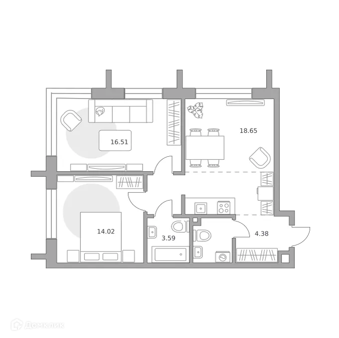 Планировка 2-комнатной квартиры 62.95 м² в ЖК MYPRIORITY Dubrovka (МАЙПРИОРИТИ Дубровка), г. Москва — фото 1