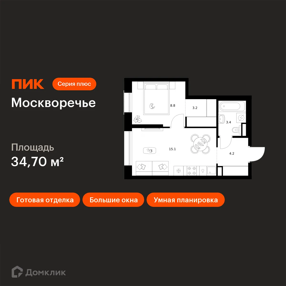 Планировка 1-комнатной квартиры 34.7 м² в ЖК Москворечье, г. Москва — фото 1